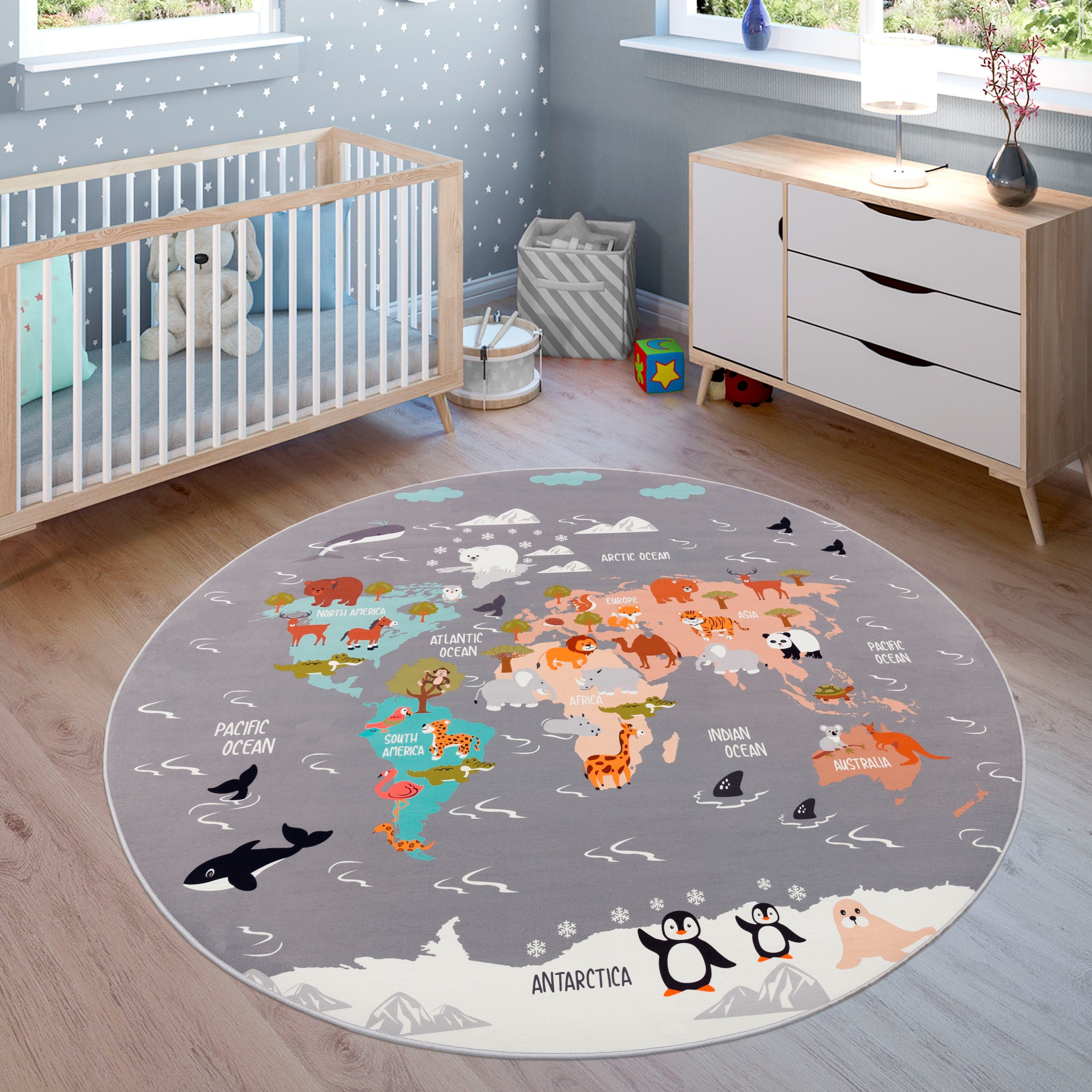 Paco Home Kinderteppich Bino 581, rund, Höhe: 4 mm, Spielteppich, Motiv Weltkarte & Tiere, Kinderzimmer
