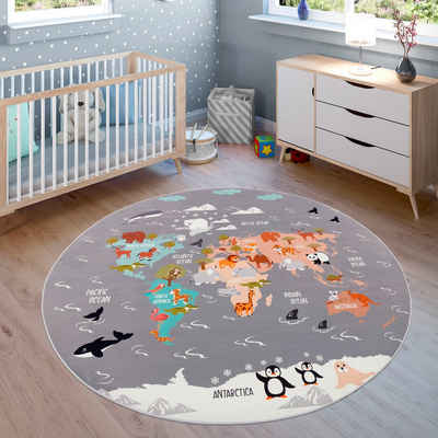 Kinderteppich Bino 581, Paco Home, rund, Höhe: 4 mm, Spielteppich, Motiv Weltkarte & Tiere, Kinderzimmer