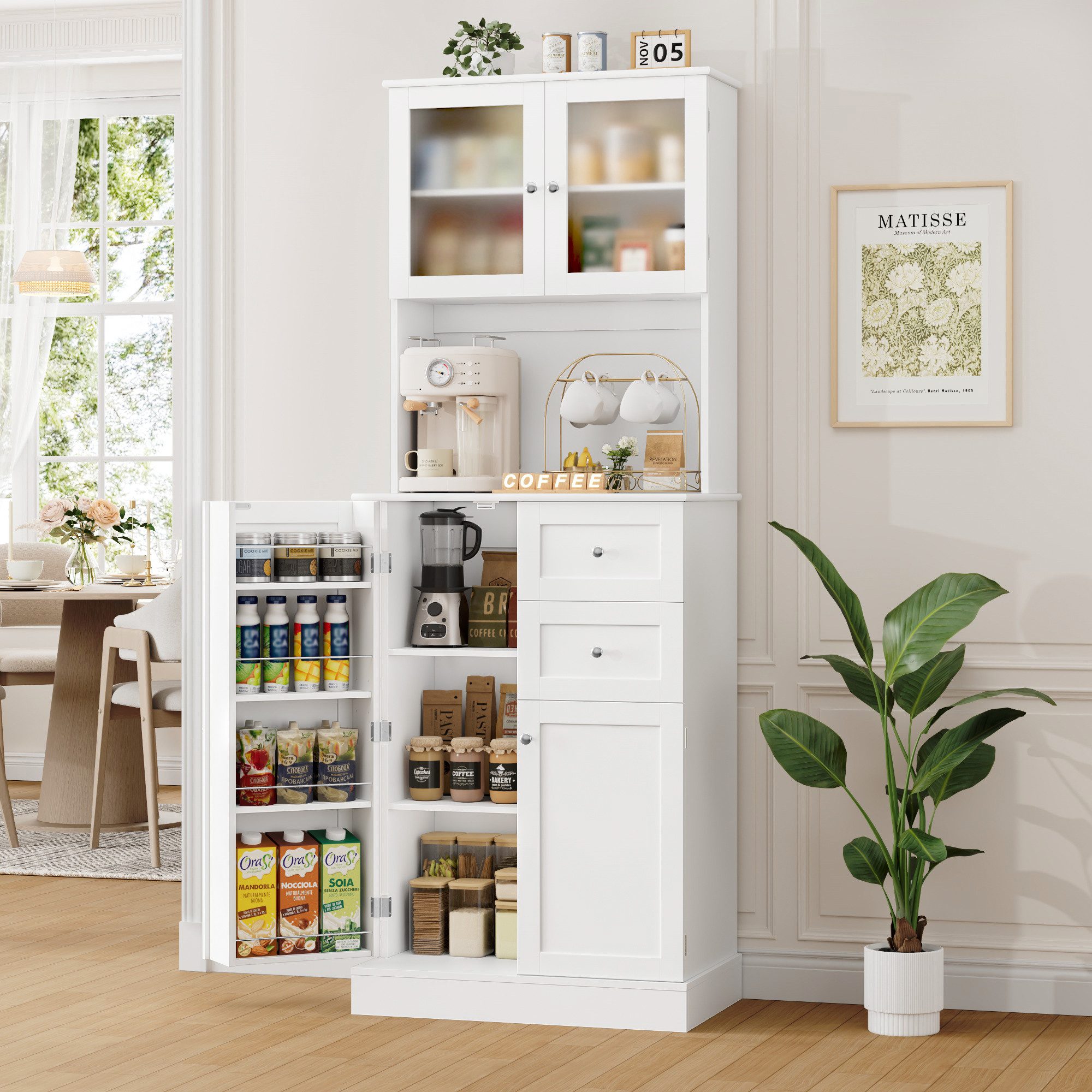 HOMECHO Küchenbuffet 182.5cm Küchenschrank mit 4 Türen und 2 SchubladenWeiß