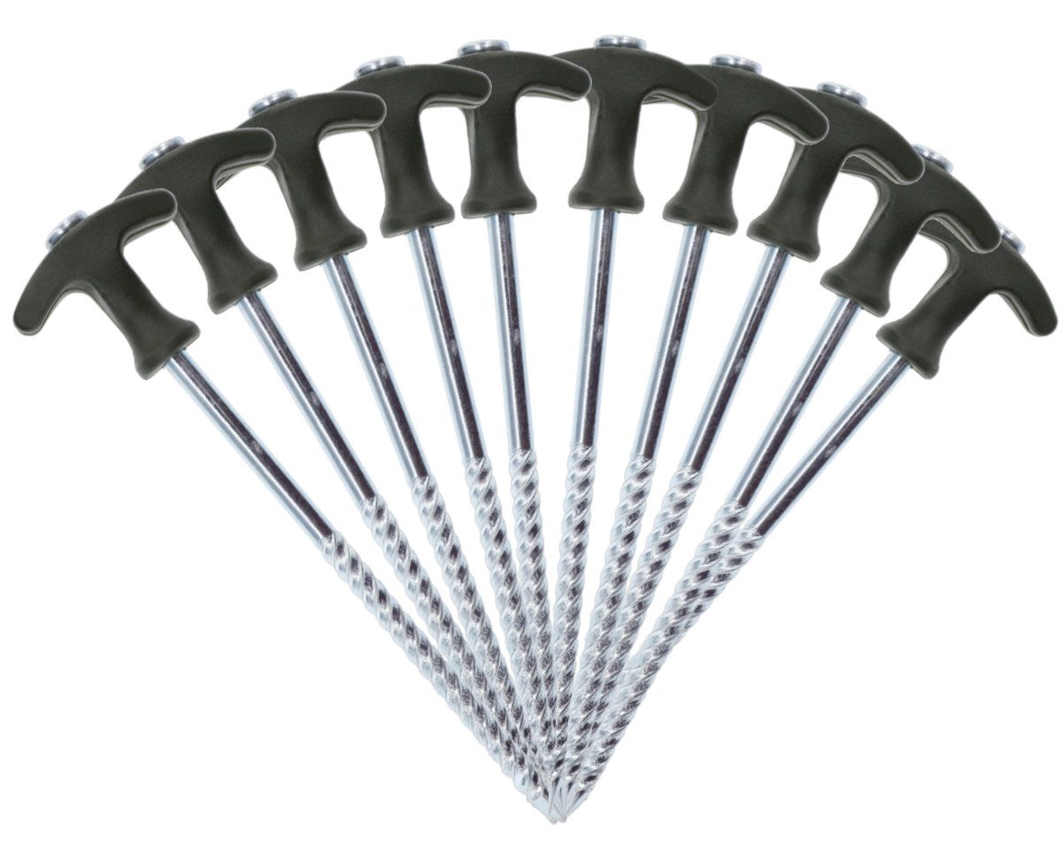 MIKADO Total Fishing Zelthering 10x Колышки для палатки 21 und 30cm inkl. Tasche Stahl Schraubheringe Erdnägel, (Inklusive Tasche), Tarnfarbe Dunkelgrün und mit Schlagschutz