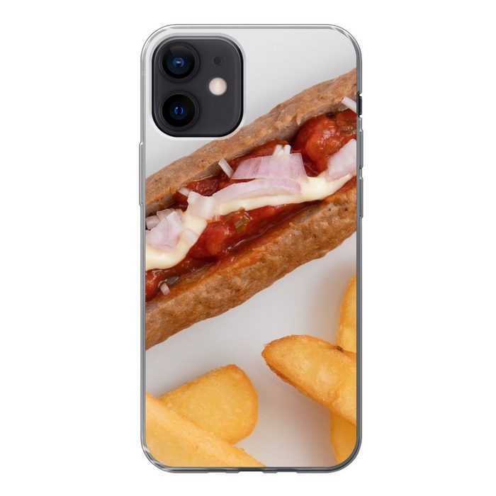 MuchoWow Handyhülle Gesegnete Frikandelspezialität mit Pommes frites auf einem weißen Handyhülle Apple iPhone 12 Smartphone-Bumper Print Handy