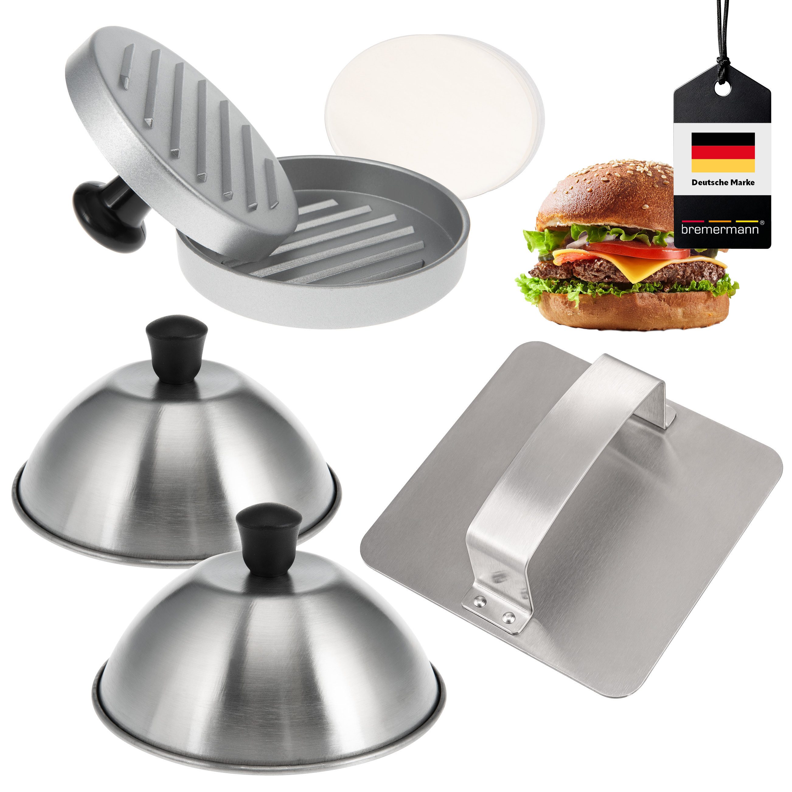 Burgerpresse Burger-Set 5tlg., Burgerhaube, Burgerpapier