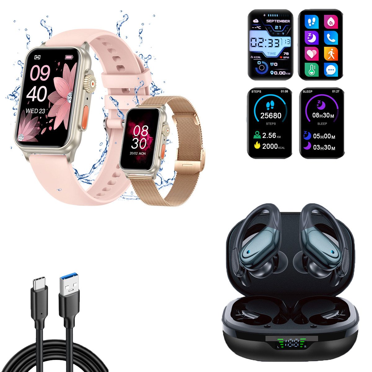 HYIEAR Smartwatches für Damen und Herren, Bluetooth 5.3 In-Ear-Kopfhörer Smartwatch (4.5 cm/1.77 Zoll, Android) Packung, Sportarmband, Fitnessuhr
