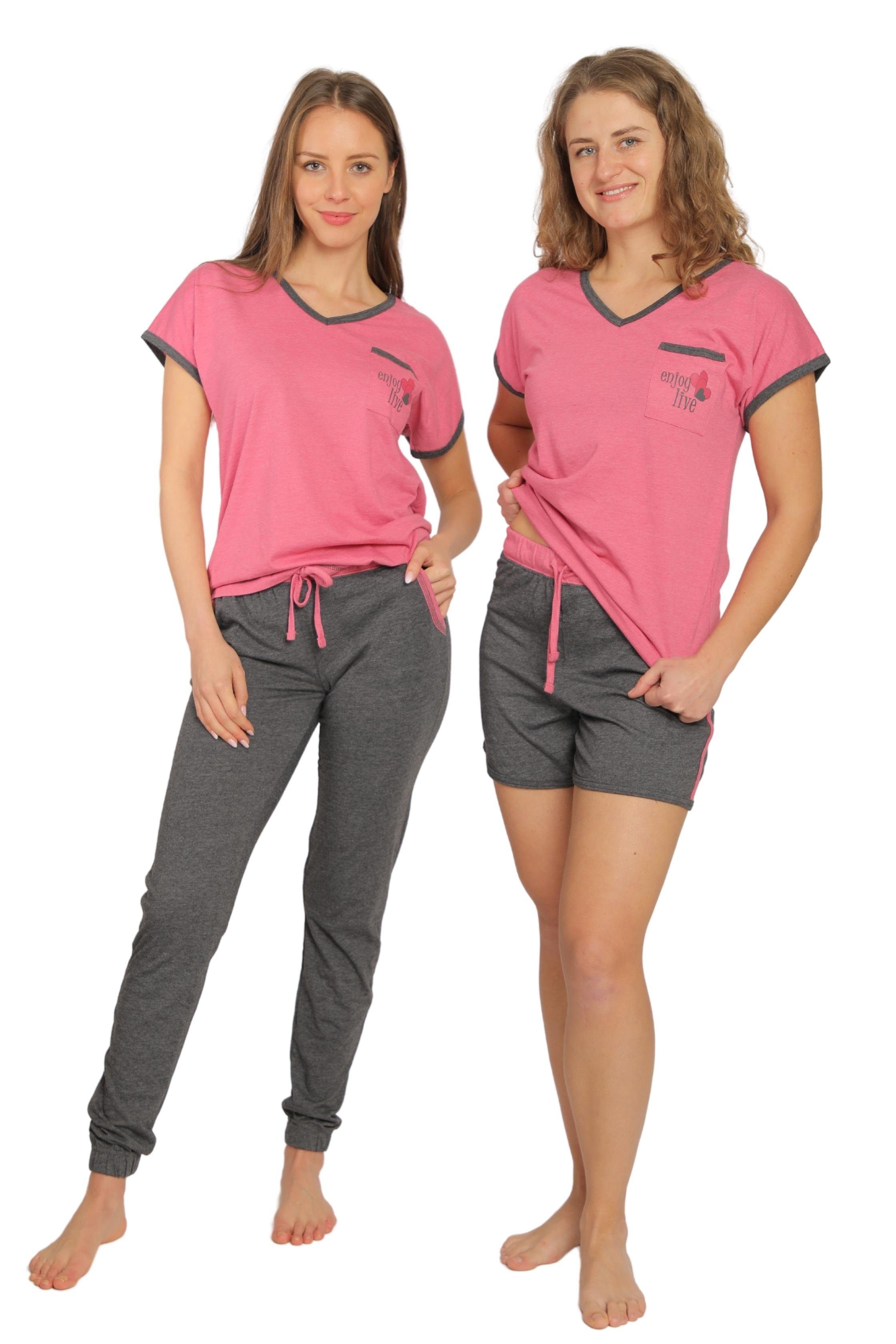 Consult-Tex Pyjama Damen Pyjama Schlafanzug 3er Set DF263 (Spar Set, 3er Set) Mit Kontrastpaspel in der kurzen Hose