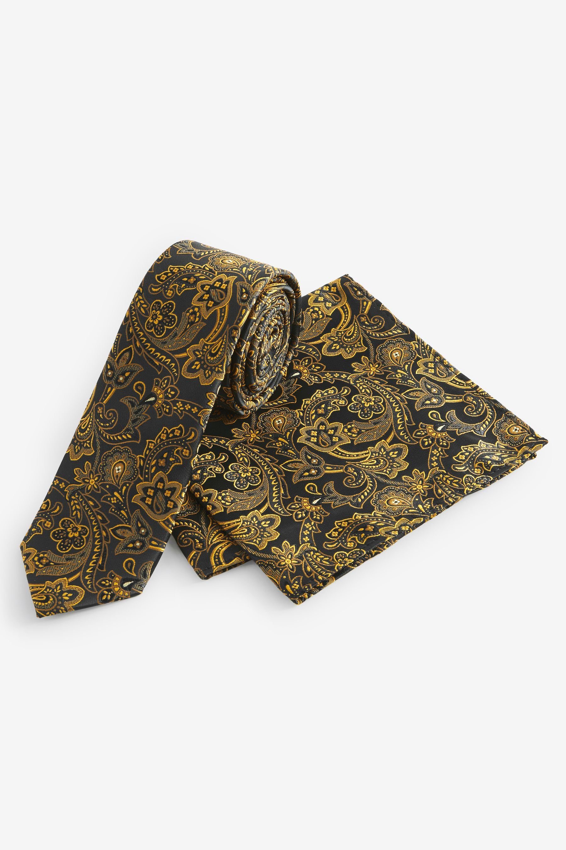 Next Krawatte Party-Krawatte und Einstecktuch im Set - Slim (2-St) Black/Yellow Gold Paisley | Breite Krawatten