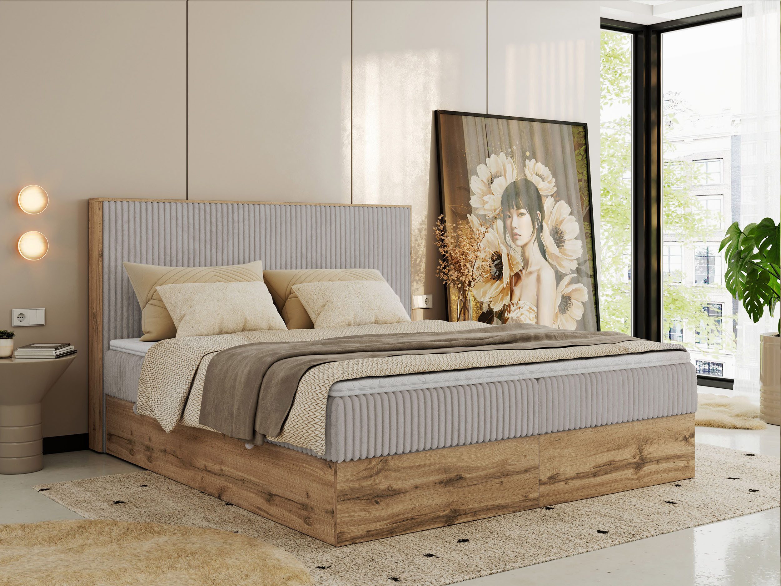 MKS MÖBEL Boxspringbett WOOD CLASSIC (Packung, Set, Topper T25/Visco, hohe Kopfteil, Multipocket-Matratze), Doppelbett, Stauraum, Möbelplattenelementen