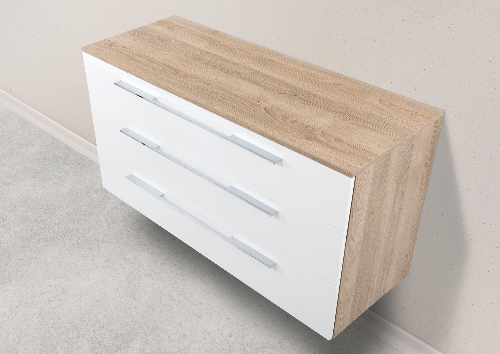 Intarbad Sideboard Design Kommode mit 3 x Auszügen mit Softclose Funktion, wandhängend (80 oder 120 cm Breite, Höhe 75 cm, Tiefe 45 cm mit Bügelgriff, Holz-/ Lackdekore, feuchtigkeitsresistent, Null-Sicht-Fuge), Doppelwandige Metallauszüge, Vormontierte Lieferung, Made in Germany
