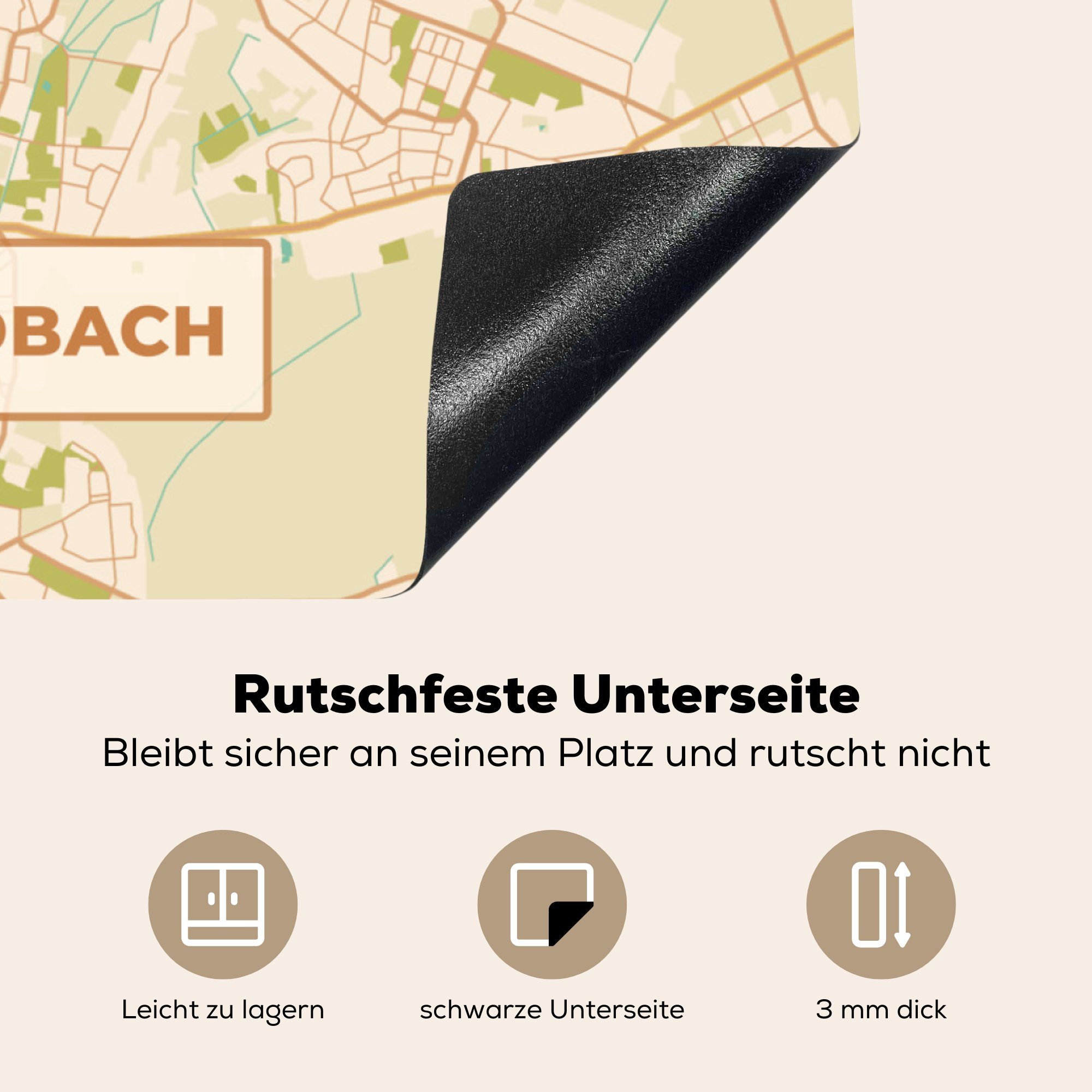- küche Ceranfeldabdeckung, - Arbeitsplatte Herdblende-/Abdeckplatte für Mönchengladbach Karte Vinyl, (1 - tlg), Jahrgang MuchoWow cm, Stadtplan, 78x78