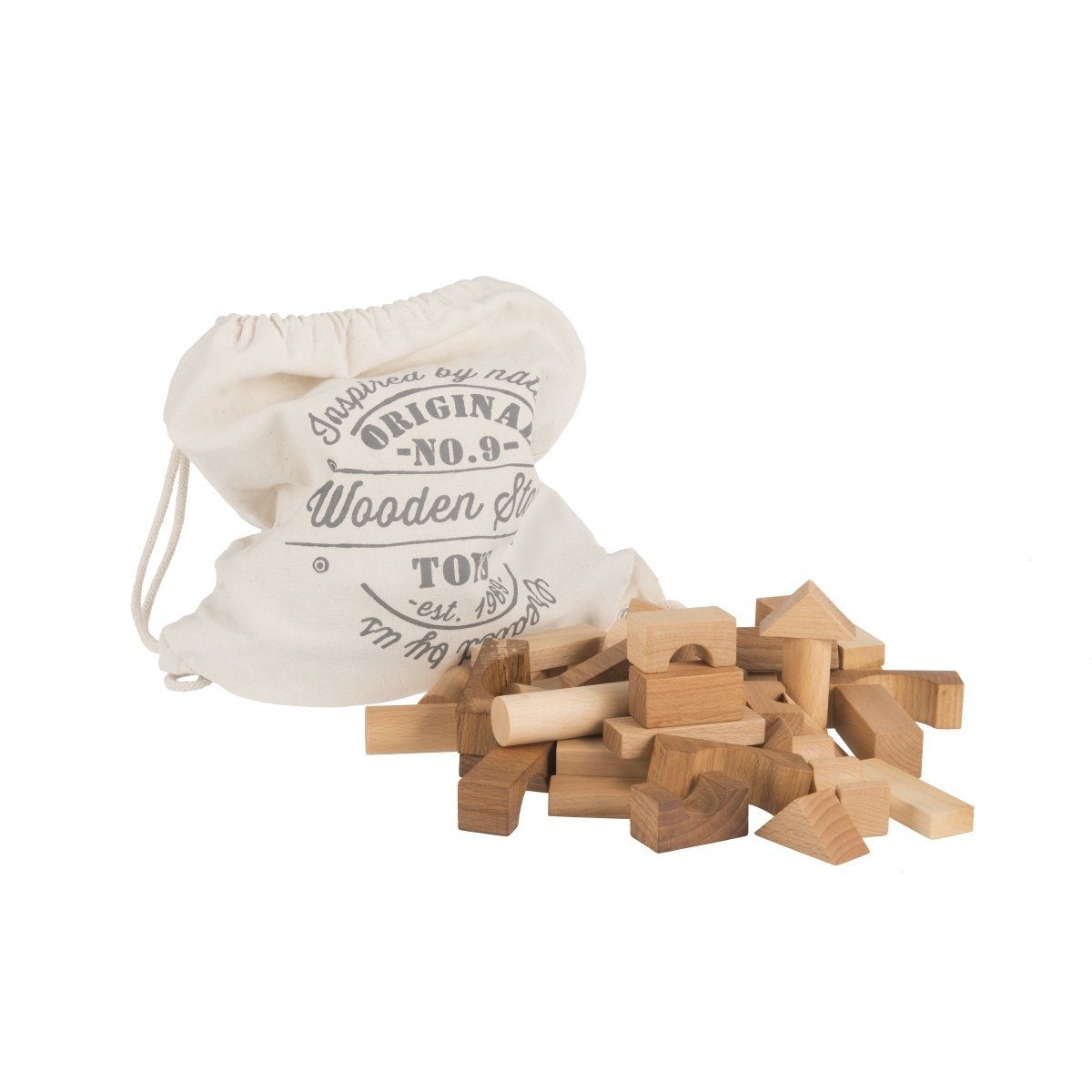 Woodenstory 100 Holzklötze Natur im Baumwollsack Spielbauklötze