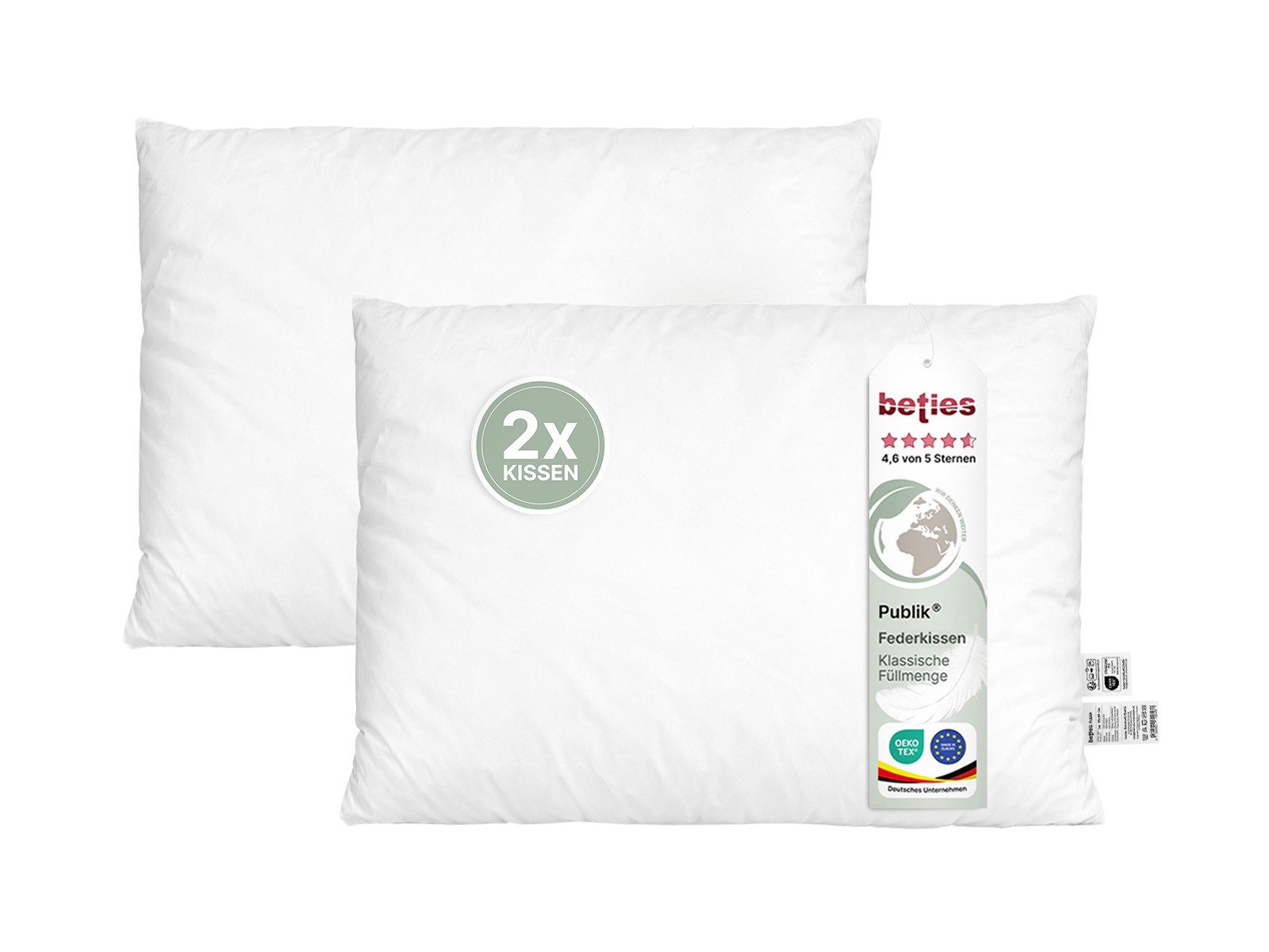 beties Federkissen Publik 2er Set, Füllung: Gänse- und Entenfedern, Bezug: Baumwolle, Seitenschläfer, Bauchschläfer, Rückenschläfer, Spar-Set, 2 Stück, waschbar - in verschiedenen Größen erhältlich