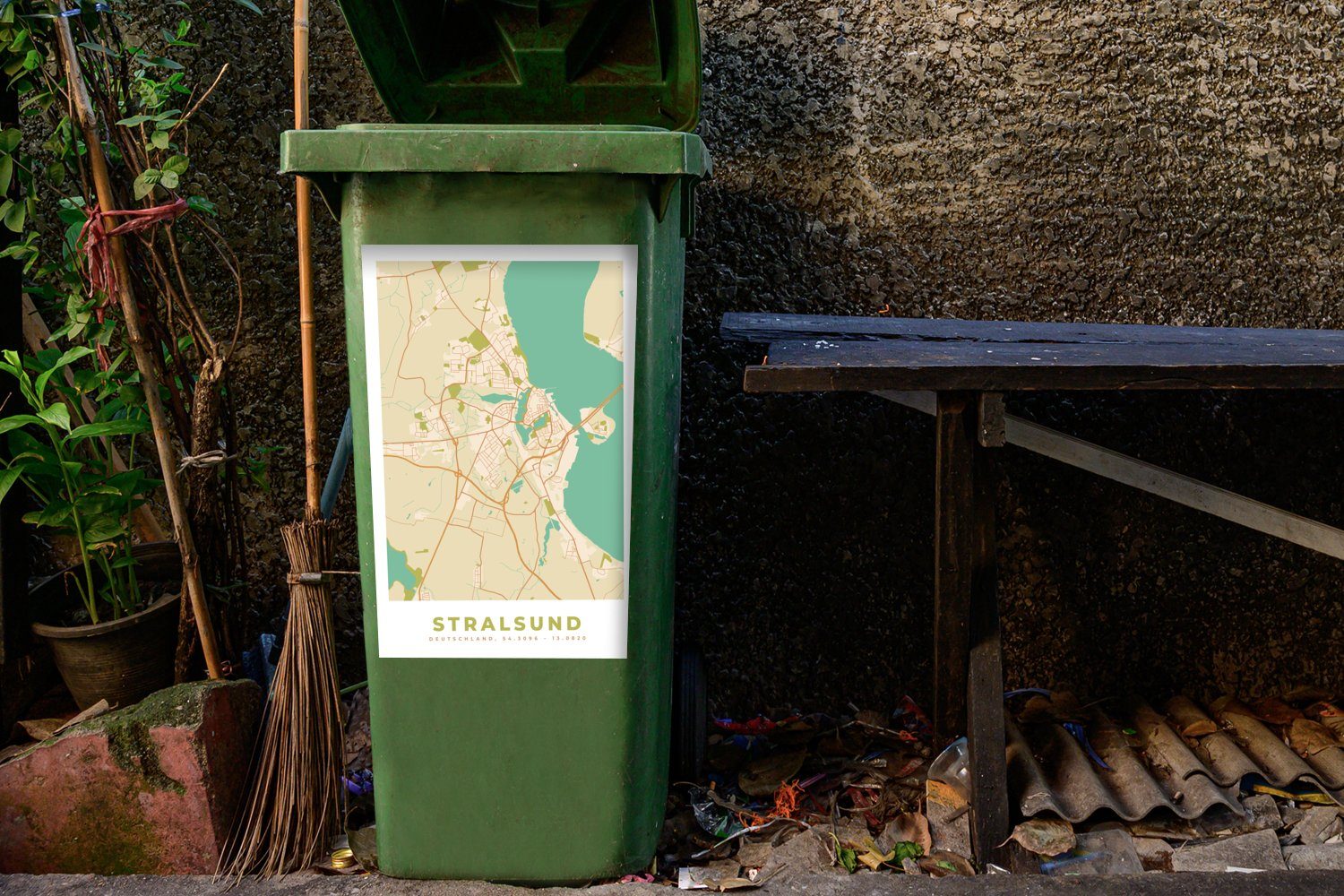 Sticker, - Container, St), MuchoWow - (1 Stralsund Wandsticker Mülleimer-aufkleber, Abfalbehälter Vintage Mülltonne, - Karte Karte