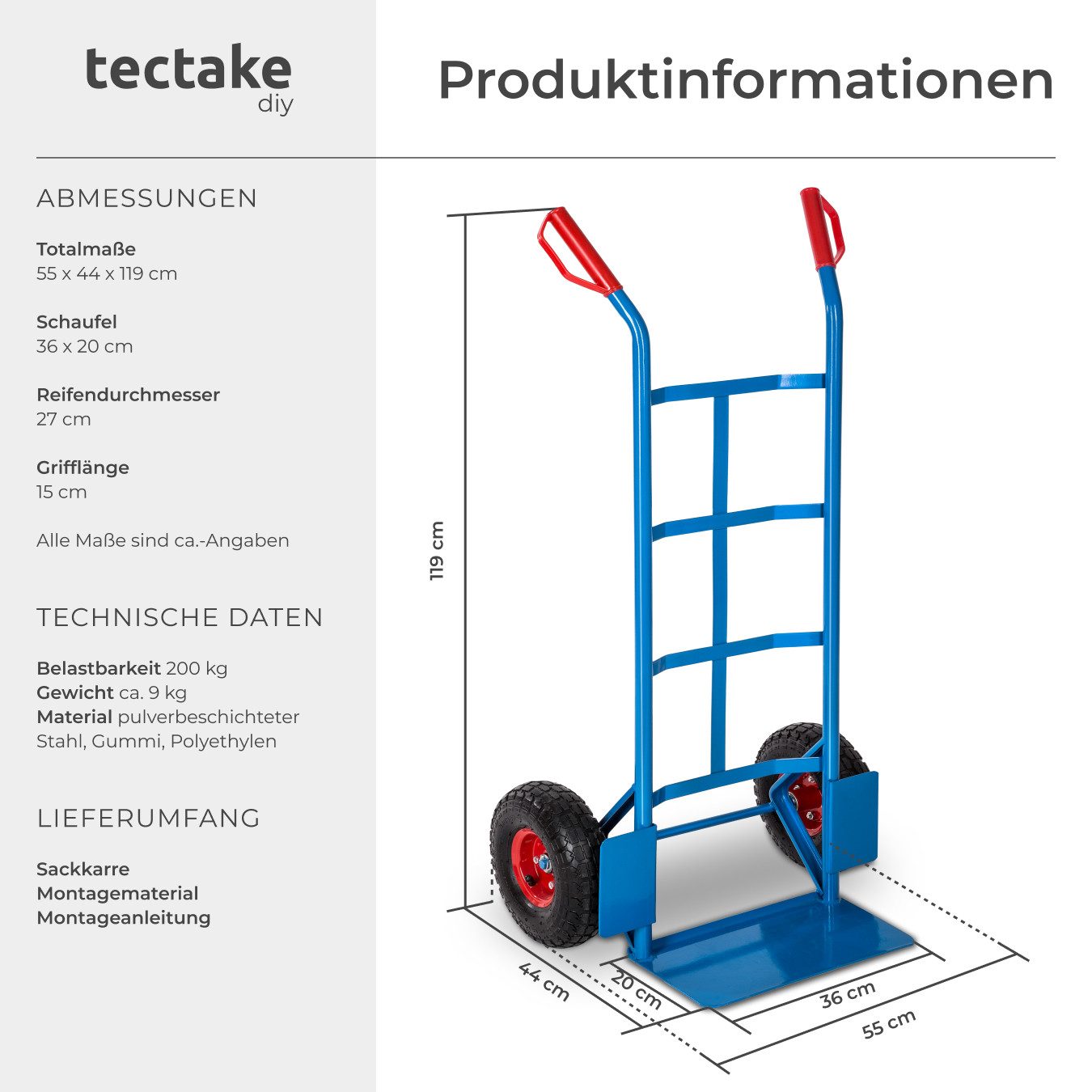 tectake sack truck, transport cart up to 200kg, with steel frame