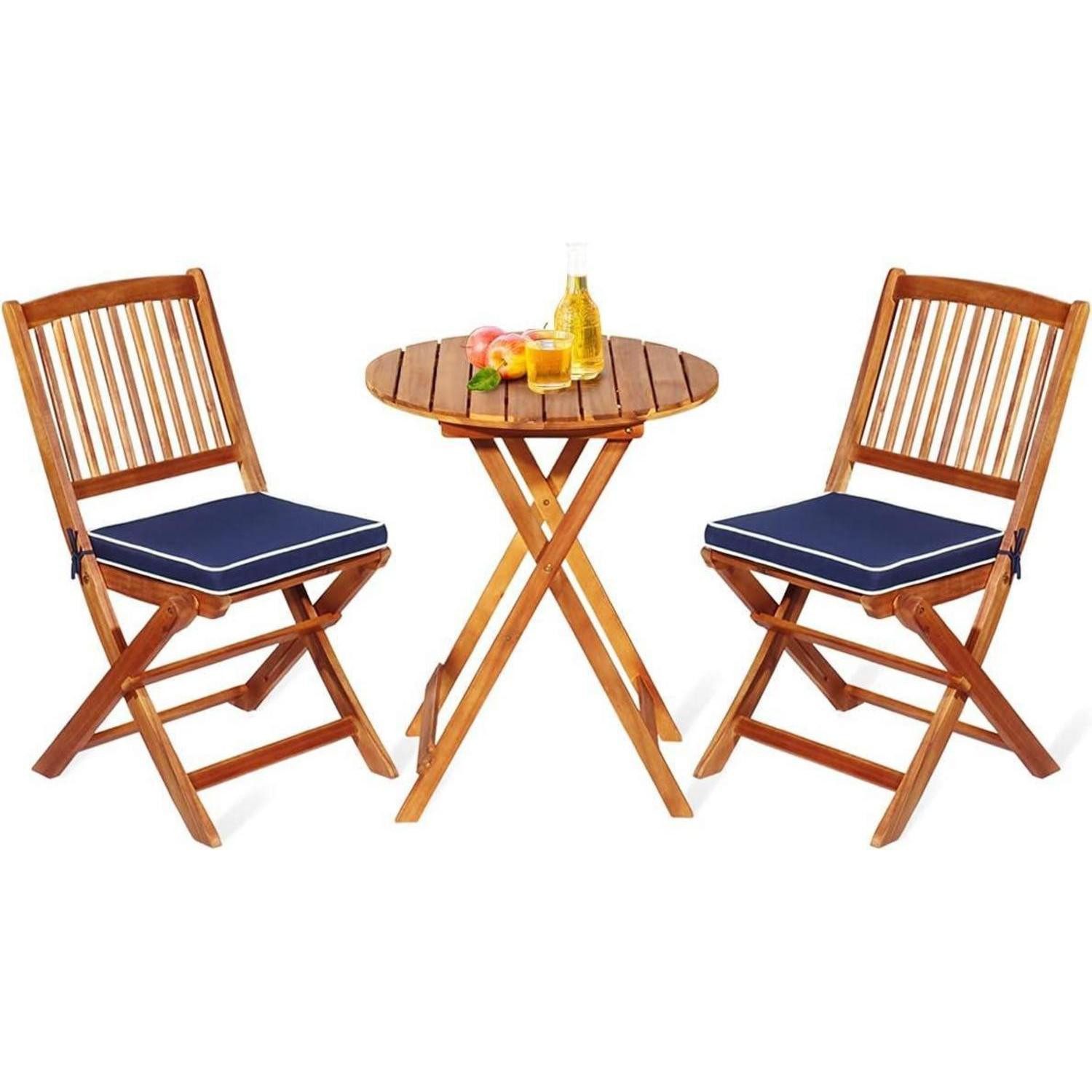 GOPLUS Balkonset 3tlg. Gartenmöbel Set Akazienholz klappbar Rundtisch 2 Stühlen Kissen