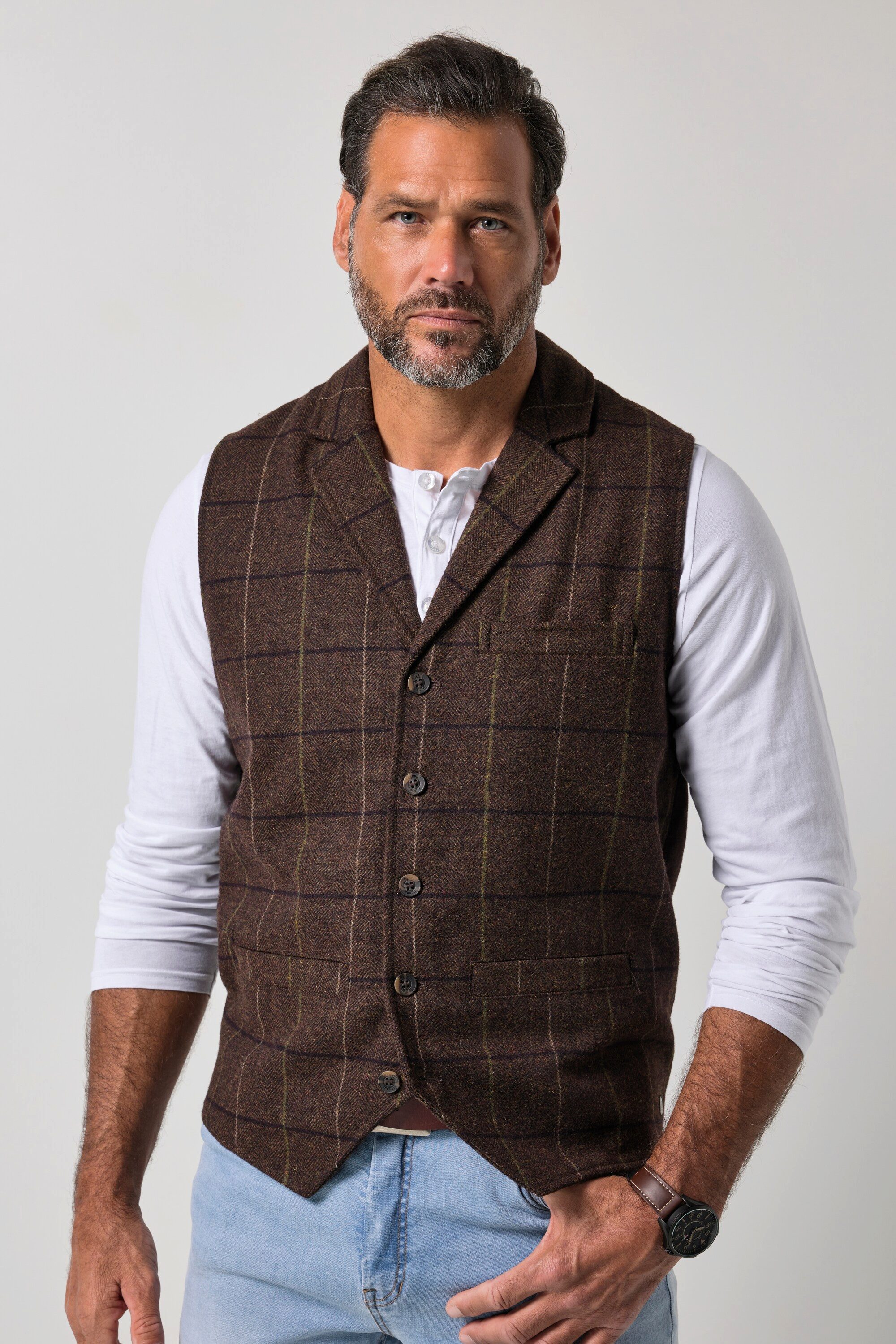 JP1880 Steppweste Tweedweste FLEXNAMIC® Karo Wollmix Revers bis 8 XL