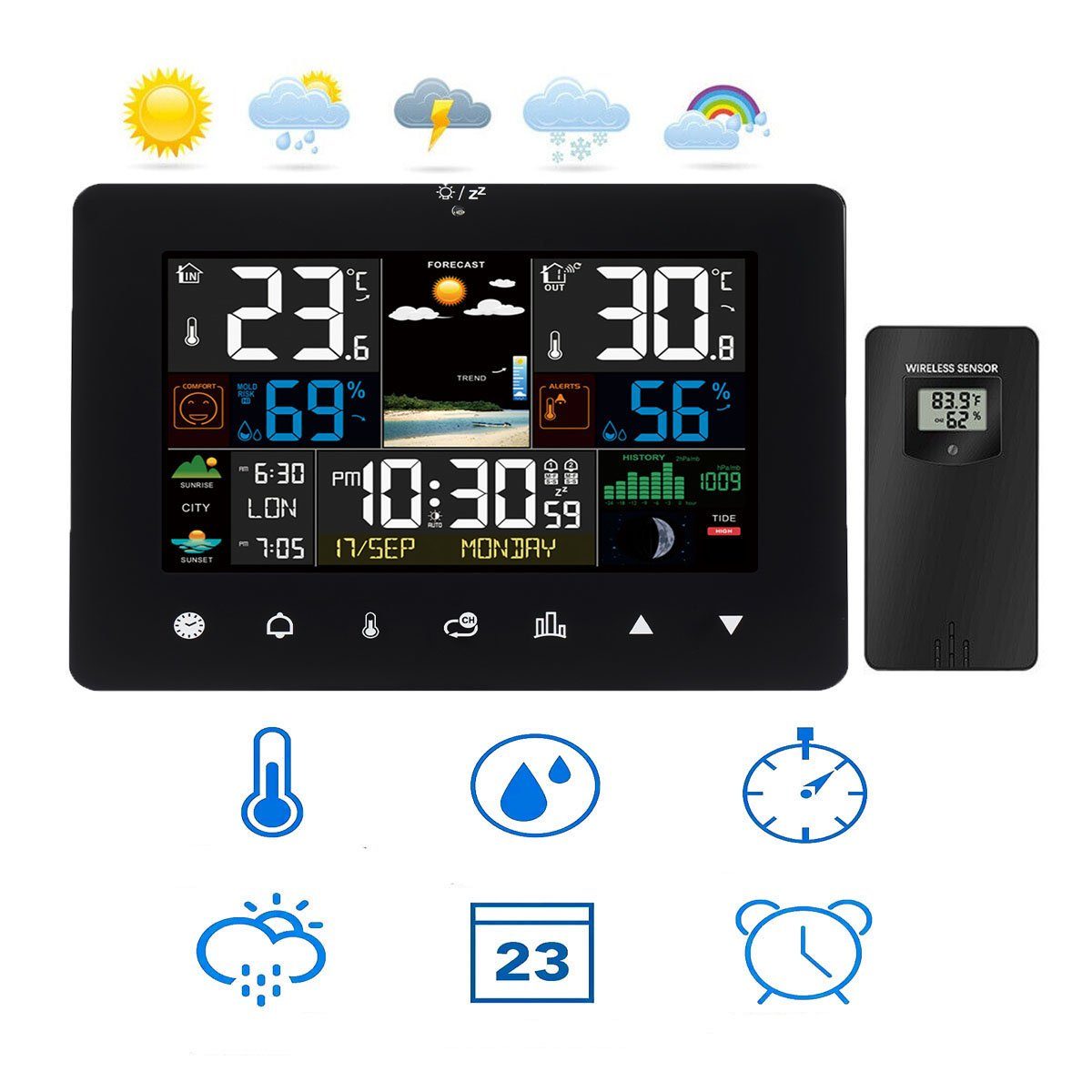 Farbdisplay) Wetterstation Wetterstation oyajia (Kalender Thermometer Hygrometer Funk-Außensensor, Kalender mit LED mit
