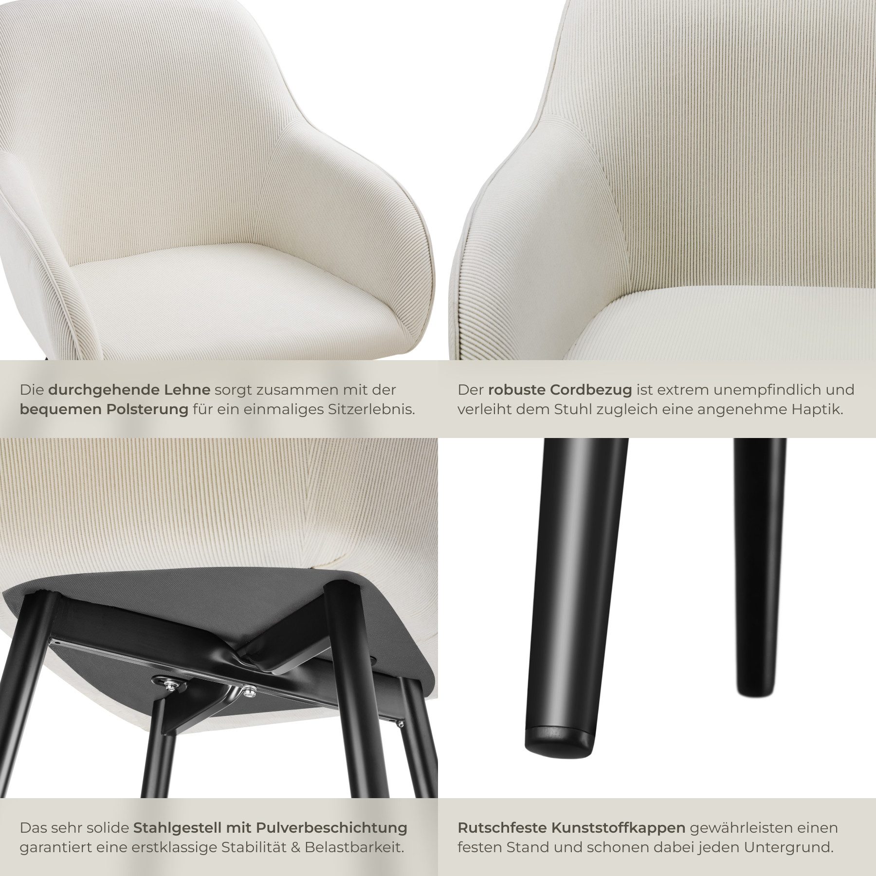 tectake Esszimmerstuhl Küchenstuhl gepolstert, in Cordoptik, 58 x 62 x 82 cm (Wohnzimmerstuhl Marilyn in creme/schwarz, 1 St), durchgehende Lehne, Stahlbeine, b – Bild 5 von 5