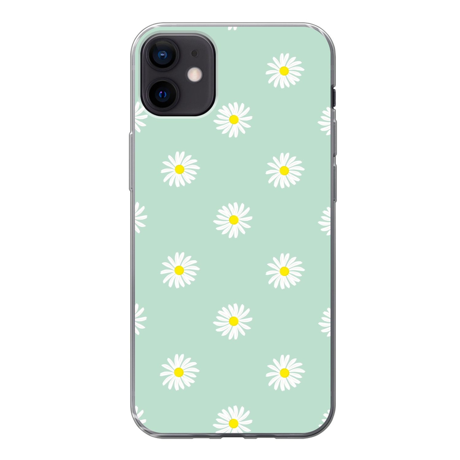 MuchoWow Handyhülle für Apple iPhone 12 mini Gänseblümchen - Pastell - Weiß - Grün - Flora, Smartphone-Bumper, Print, Handy Schutzhülle Dünn