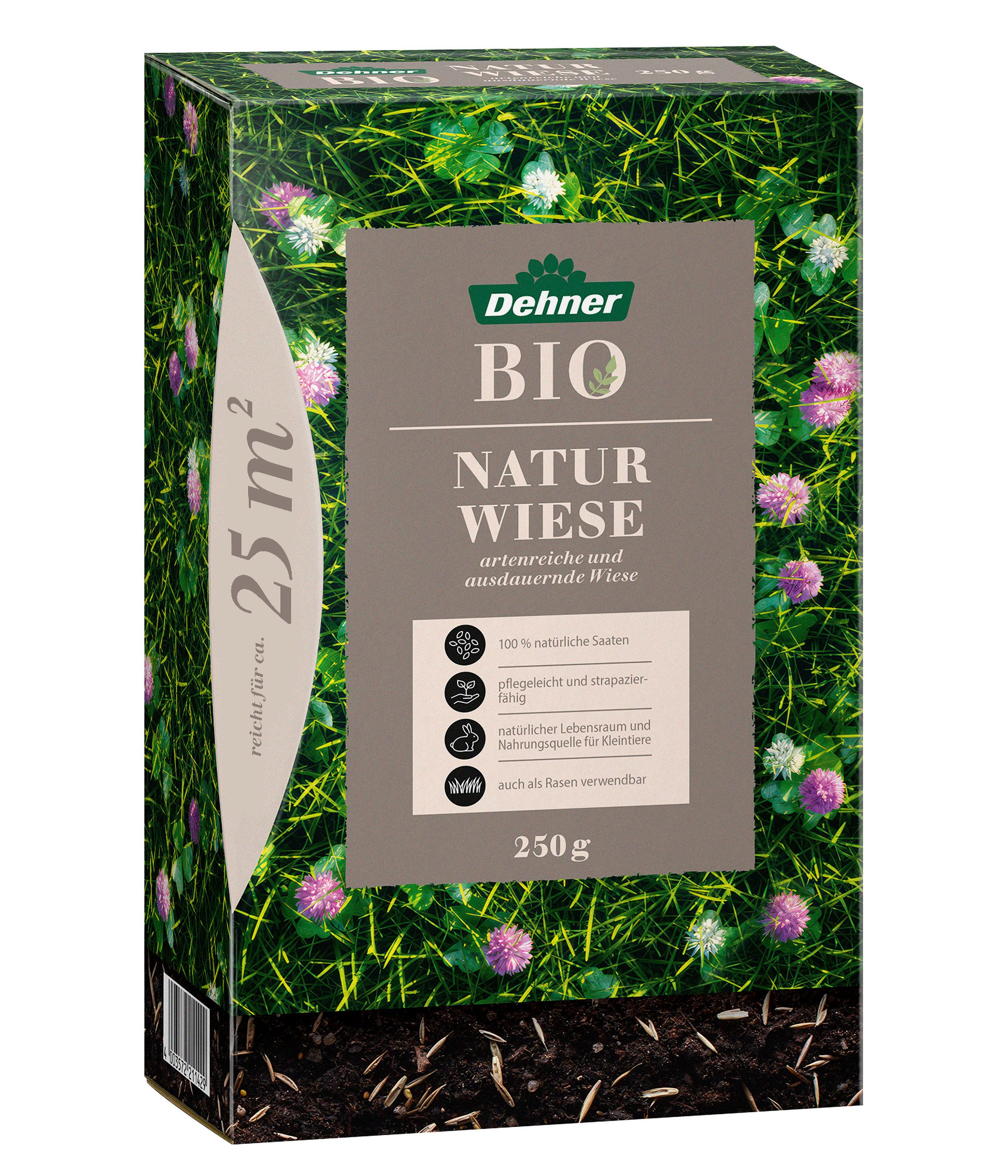 Dehner Rasensamen Bio Saatgut Naturwiese, insektenfreundlich, pflegeleicht, 250 g, 25 m², strapazierfähig, für naturnahe Gärten, lebendige Naturflächen