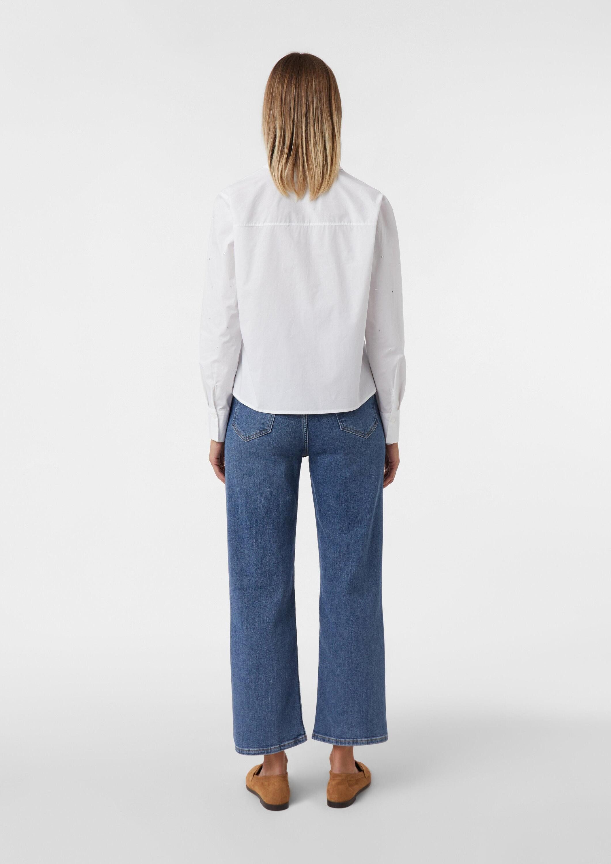 comma Langarmbluse Bluse Verkürzte Popeline-Bluse mit Strassapplikation