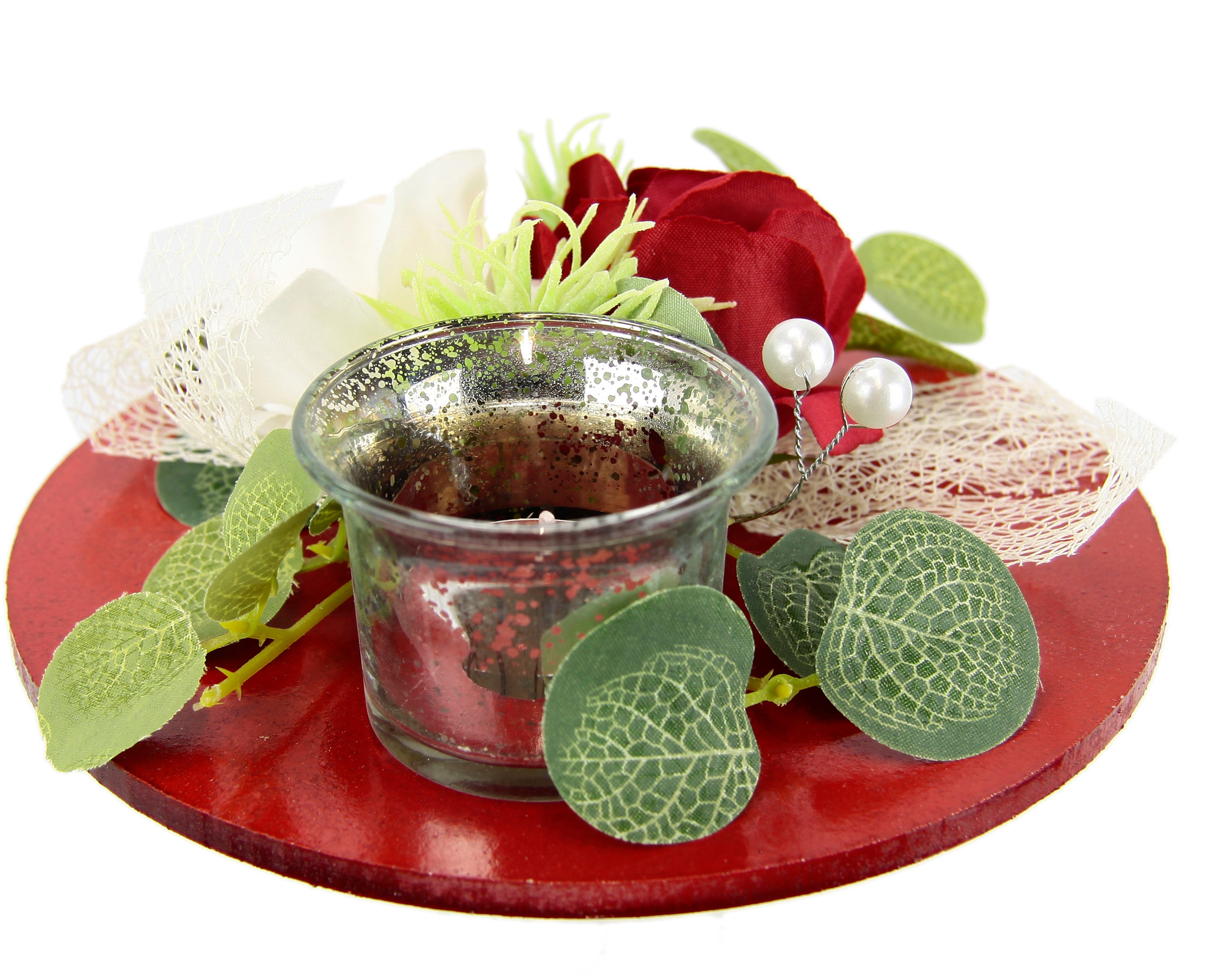 I.GE.A. Teelichthalter Mit Glaseinsatz und Teelichtkerze, künstlichen Rosen Eukalyptus (1 St), Kerzenständer Kerzenhalter Tischdeko Kerzen Muttertag Valentinsta – Bild 3 von 5