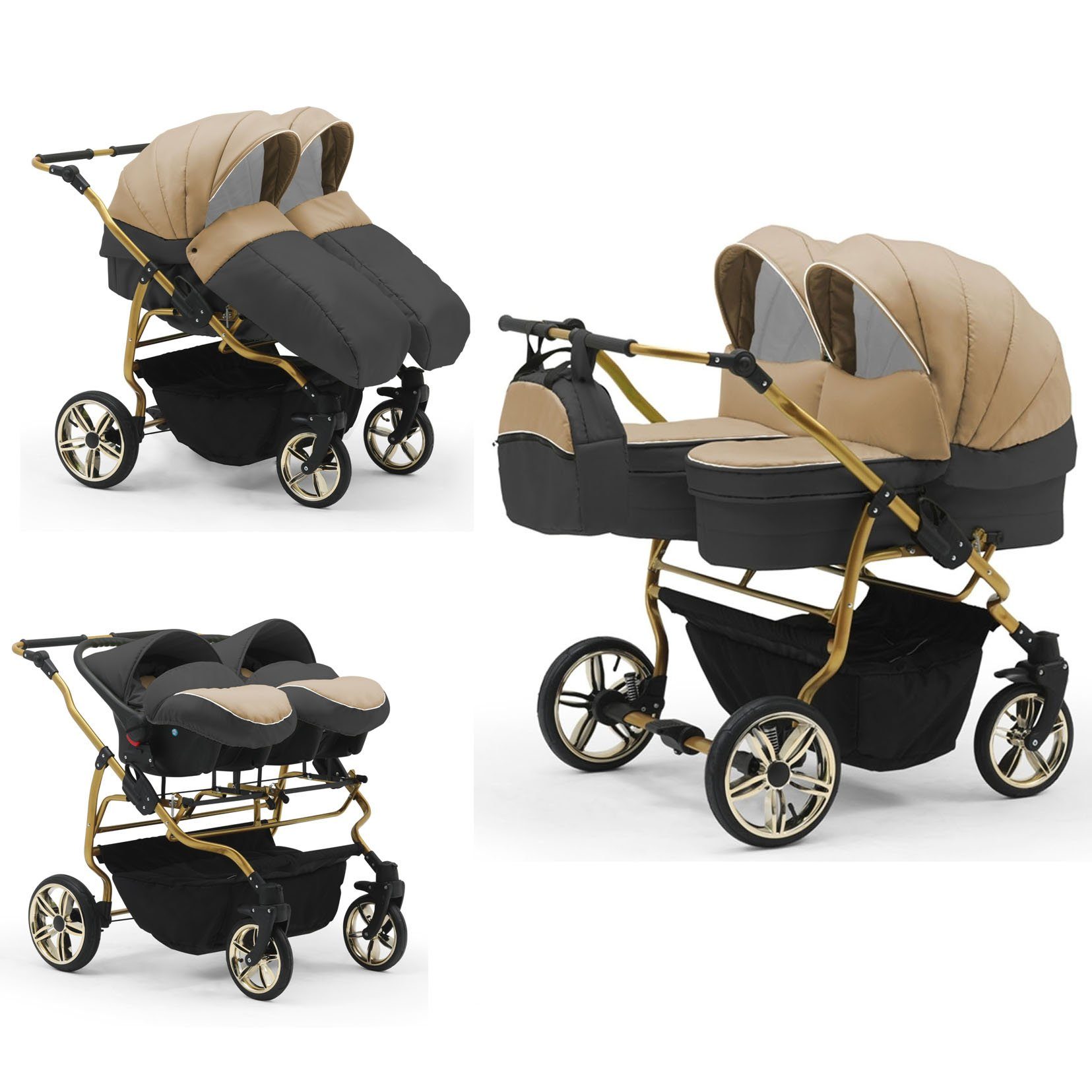 babies-on-wheels Zwillingswagen Duet Lux Gold 3 in 1 inkl. Autositze - 13 Teile - in 33 Farben Cappu-Grau