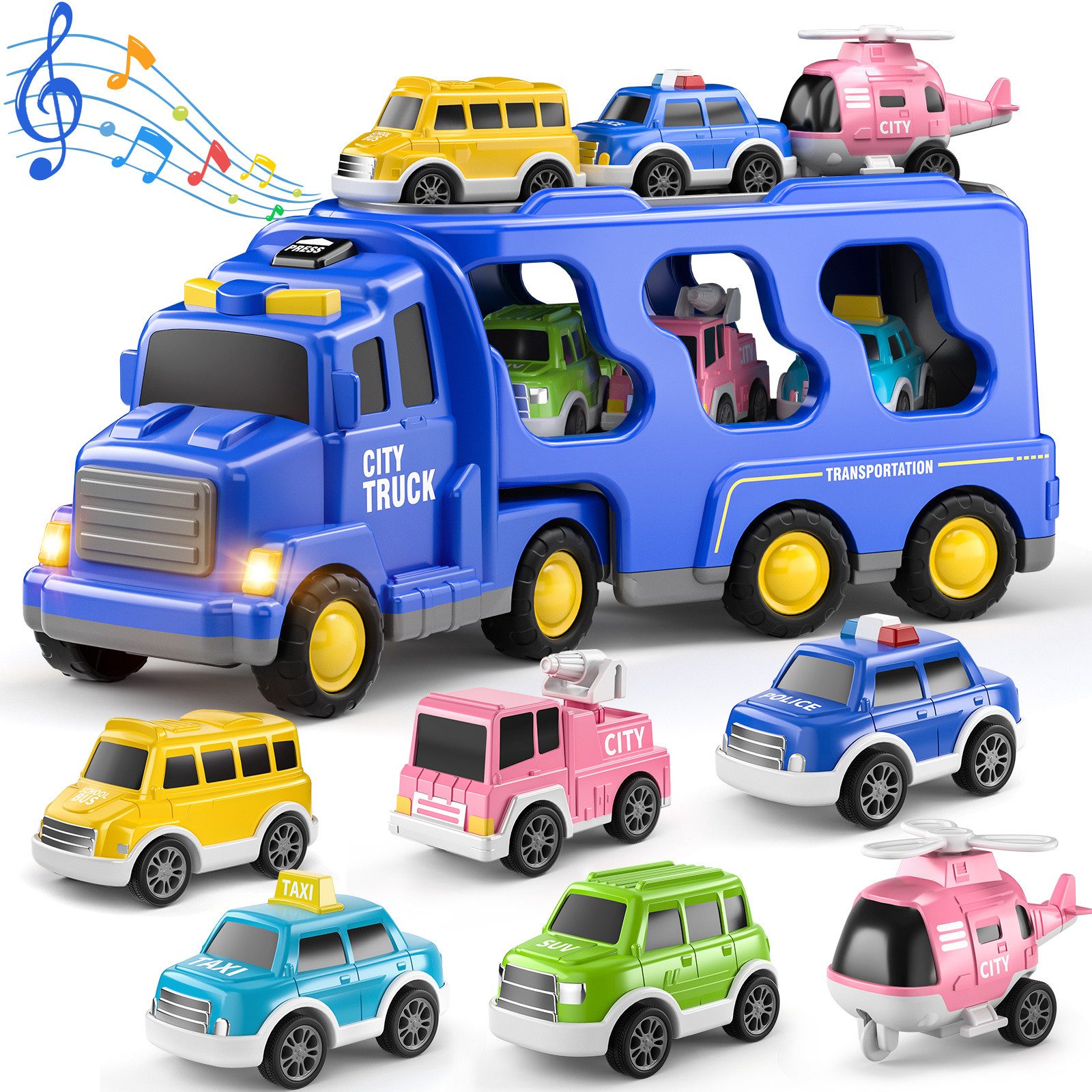 TEMI Spielzeug-Auto 7 Pack Träger LKW Transport Stadtfahrzeuge Spielzeug, (Set, 1 Transport Handwagen, 6 kleine Feuerwehrwagen), Made in China