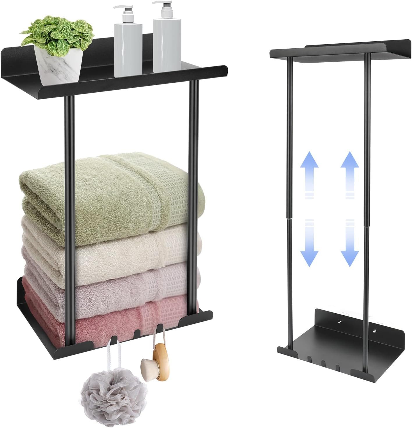 Rhein Beleuchtung Полотенцесушители Ausziehbarer Badetuchhalter mit Ablage – Duschregal ohne Bohren, 38–75 cm, Wandmontage, platzsparend & modern für Bad & Dusche