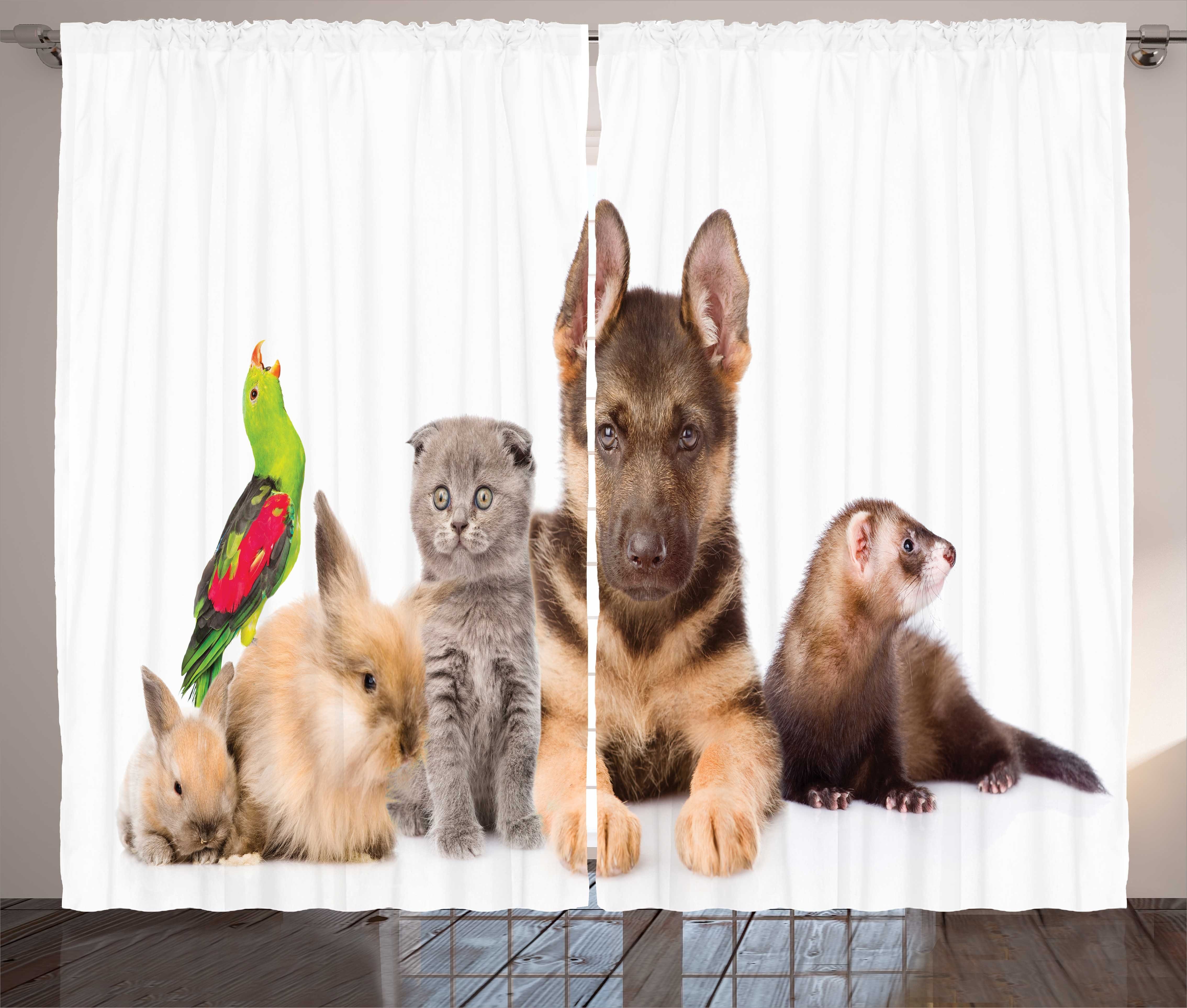 Gardine Schlafzimmer Kräuselband Vorhang mit Schlaufen und Haken, Abakuhaus, Tier Hasen Hund Katze und Frettchen