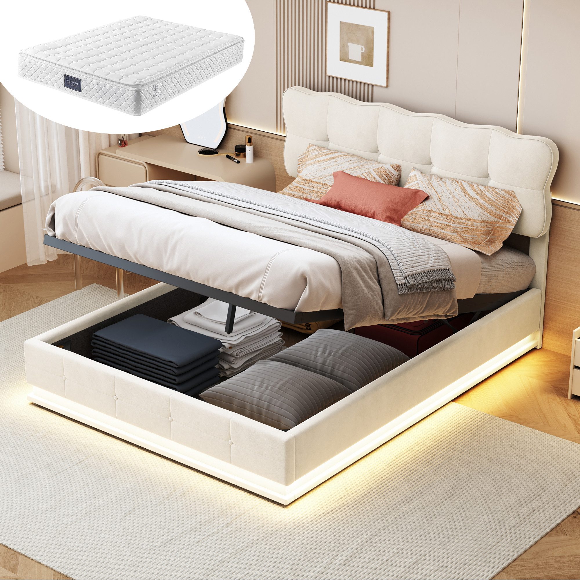 Furnishings Home Polsterbett Stauraumbett Doppelbett LED + Bettkasten (Hydraulisch hebbarer Stauraum), Mit Matratze, LED-Beleuchtung, Lattenrost, Samt, 140x200 cm