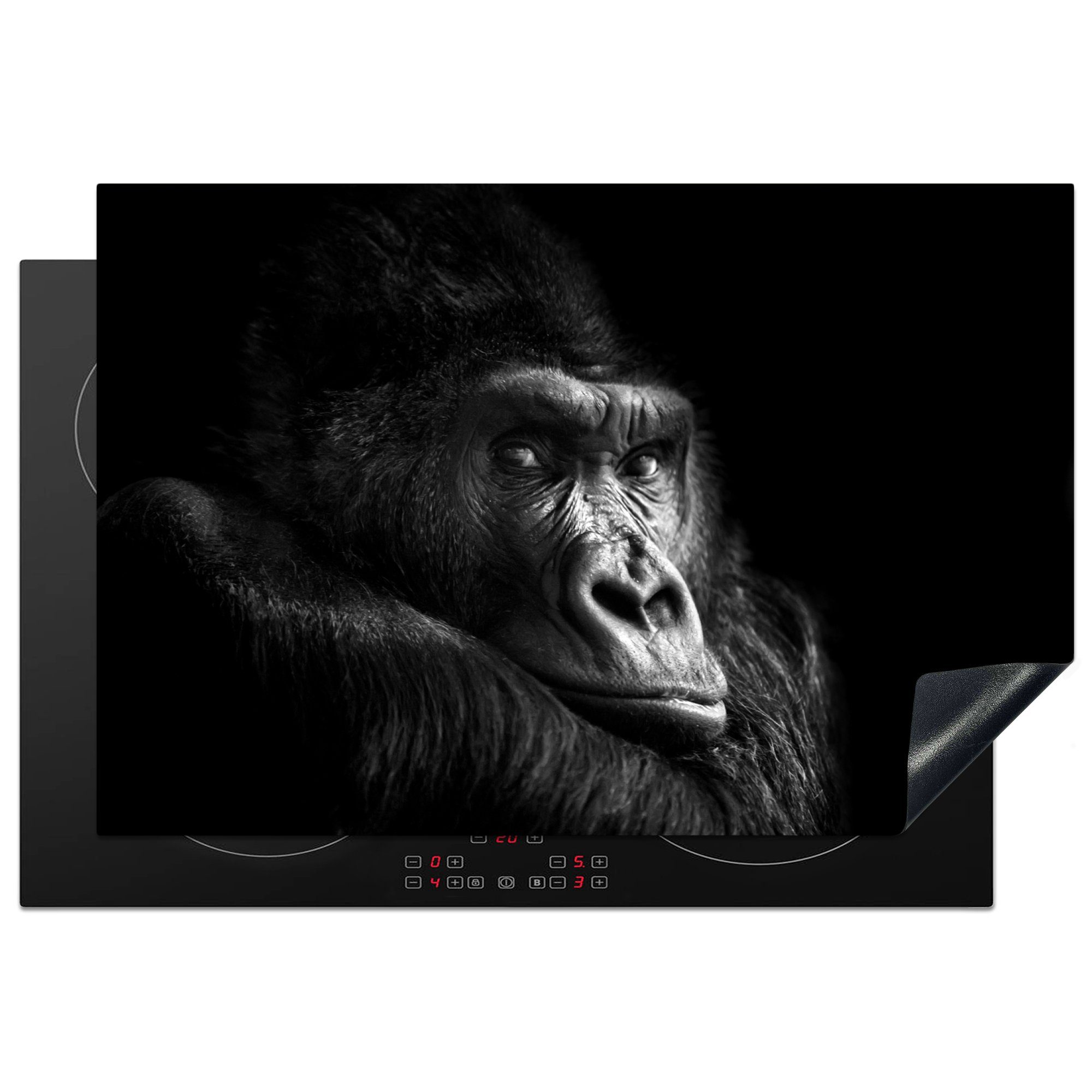 MuchoWow Herdblende-/Abdeckplatte Gorilla - Affe - Schwarz - Weiß - Porträt, Vinyl, (1 tlg), 77x51 cm, Ceranfeldabdeckung, Arbeitsplatte für küche