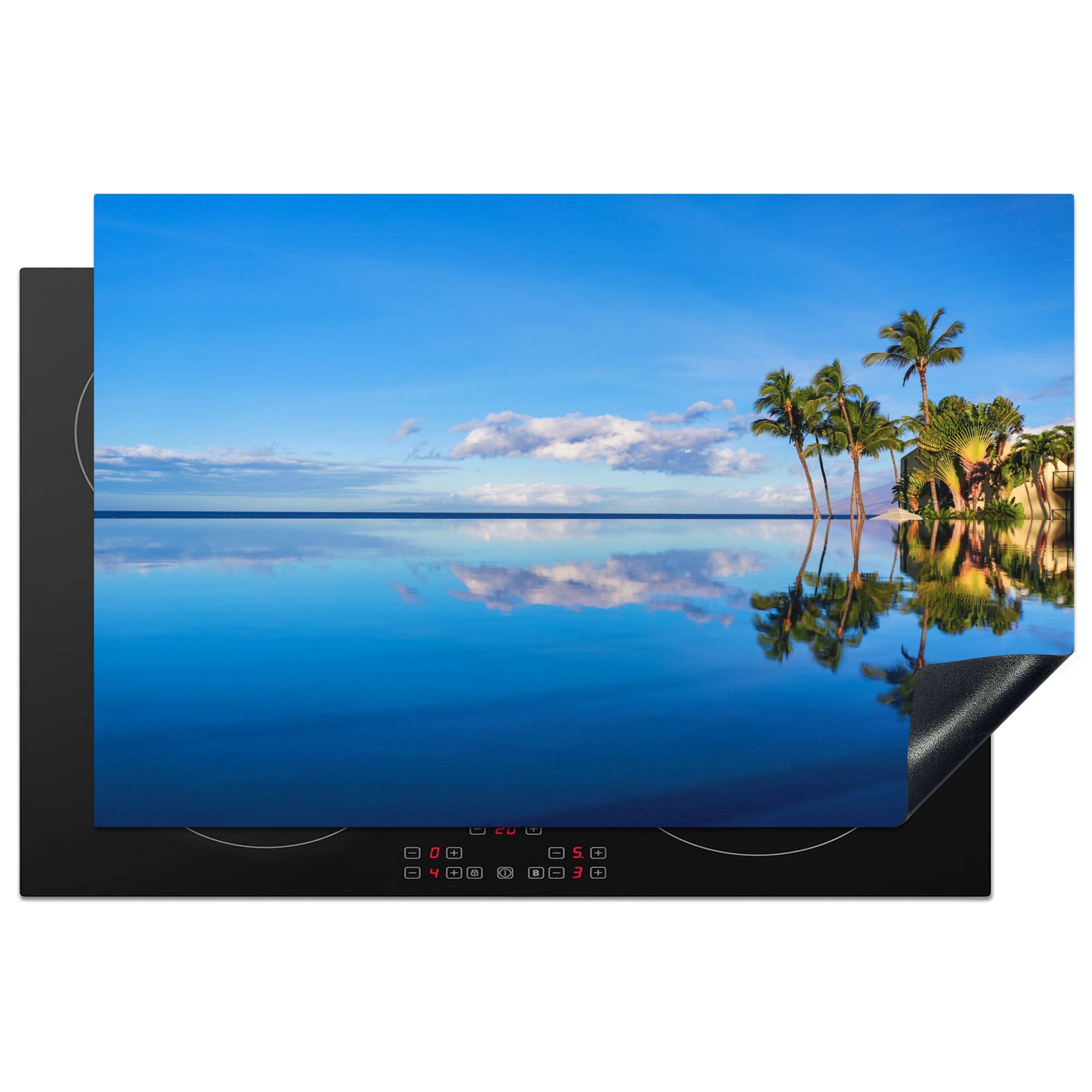 MuchoWow Herdblende-/Abdeckplatte Am Wailea Beach in Hawaii spiegeln sich die Palmen im Wasser, Vinyl, (1 tlg), 81x52 cm, Induktionskochfeld Schutz für die küche, Ceranfeldabdeckung