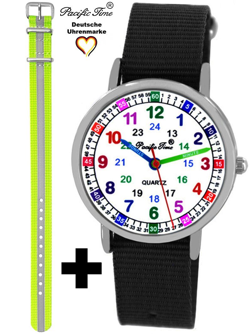 Pacific Time Quarzuhr Set Kinder Armbanduhr Lernuhr Wechselarmband, Mix und Match Design - Gratis Versand schwarz Reflektor gelb