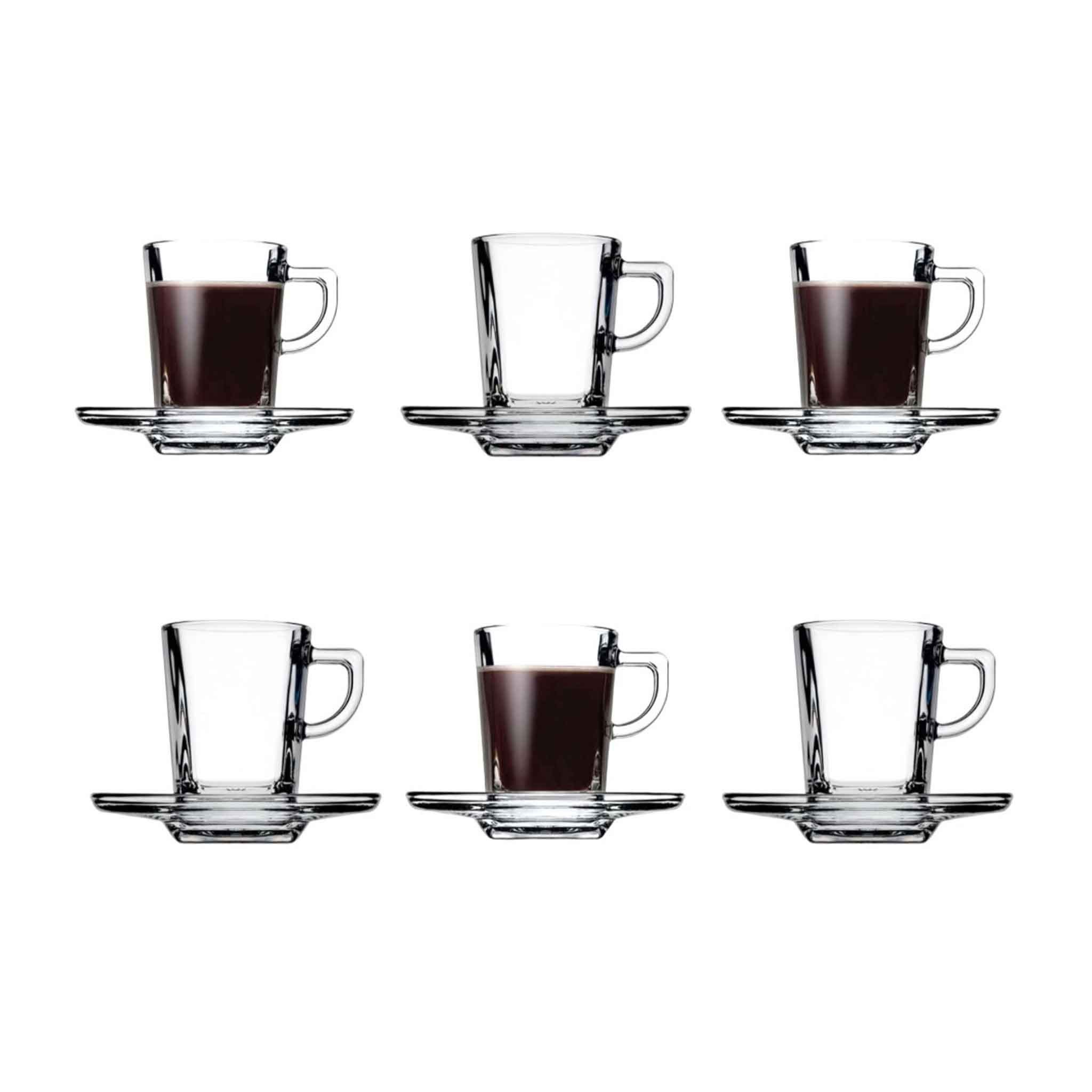 Pasabahce Gläser-Set Carre Tassen-Set mit Untertassen, 6-tlg., Glas, 75ml, 6er Set, Ideal für Espresso, Mokka oder türkischen Kaffee