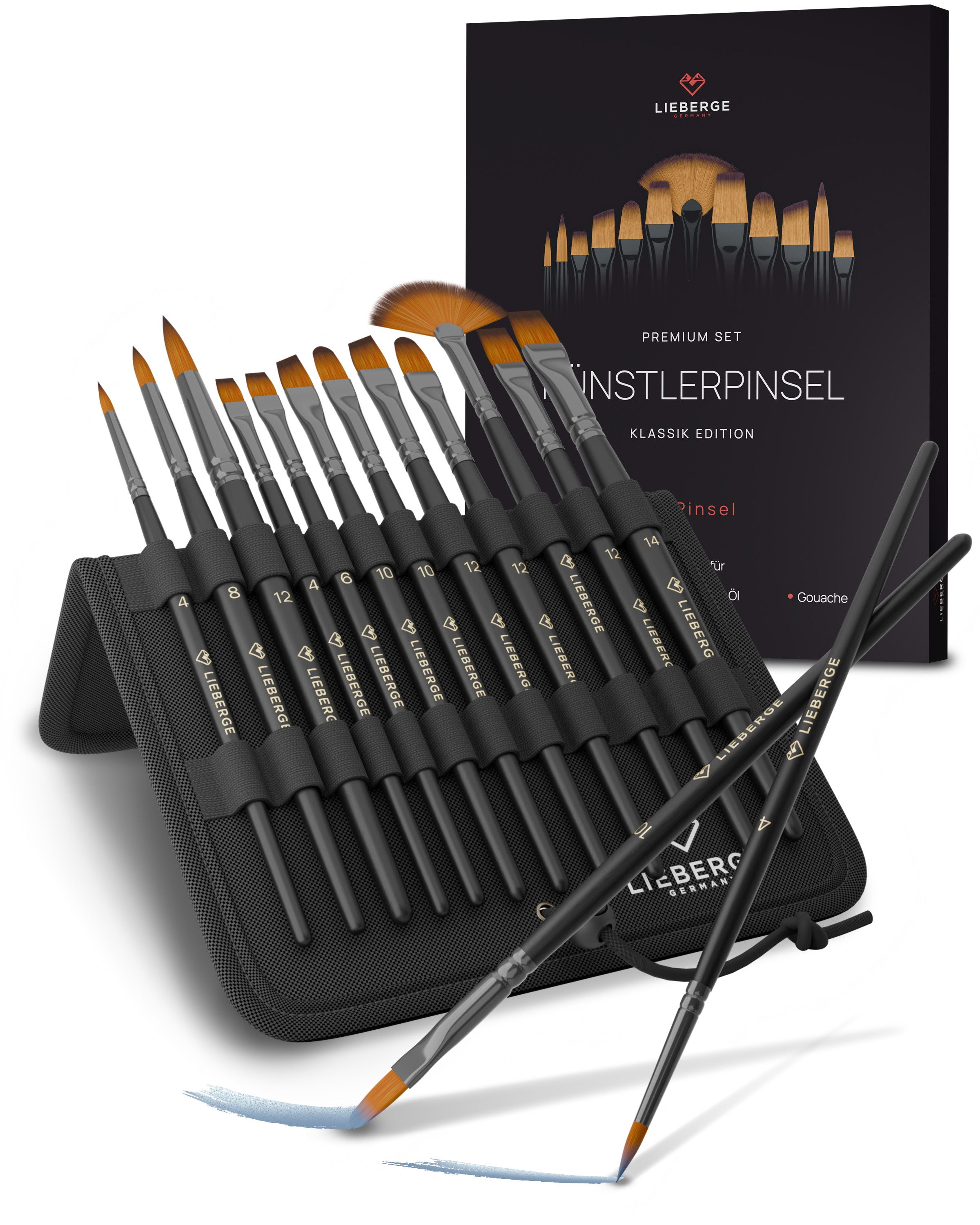 LIEBERGE Malpinsel Premium Set – 12 Pinsel für Acryl, Aquarell, Öl, inkl. Präsenter, (Set, 12 St., Pinselpräsenter, Flachpinsel, Fächerpinsel, Rundpinsel, Schrägpinsel), Synthetikhaar, vegan, langlabig, hohe Farbaufnahme, Anfänger, Profis