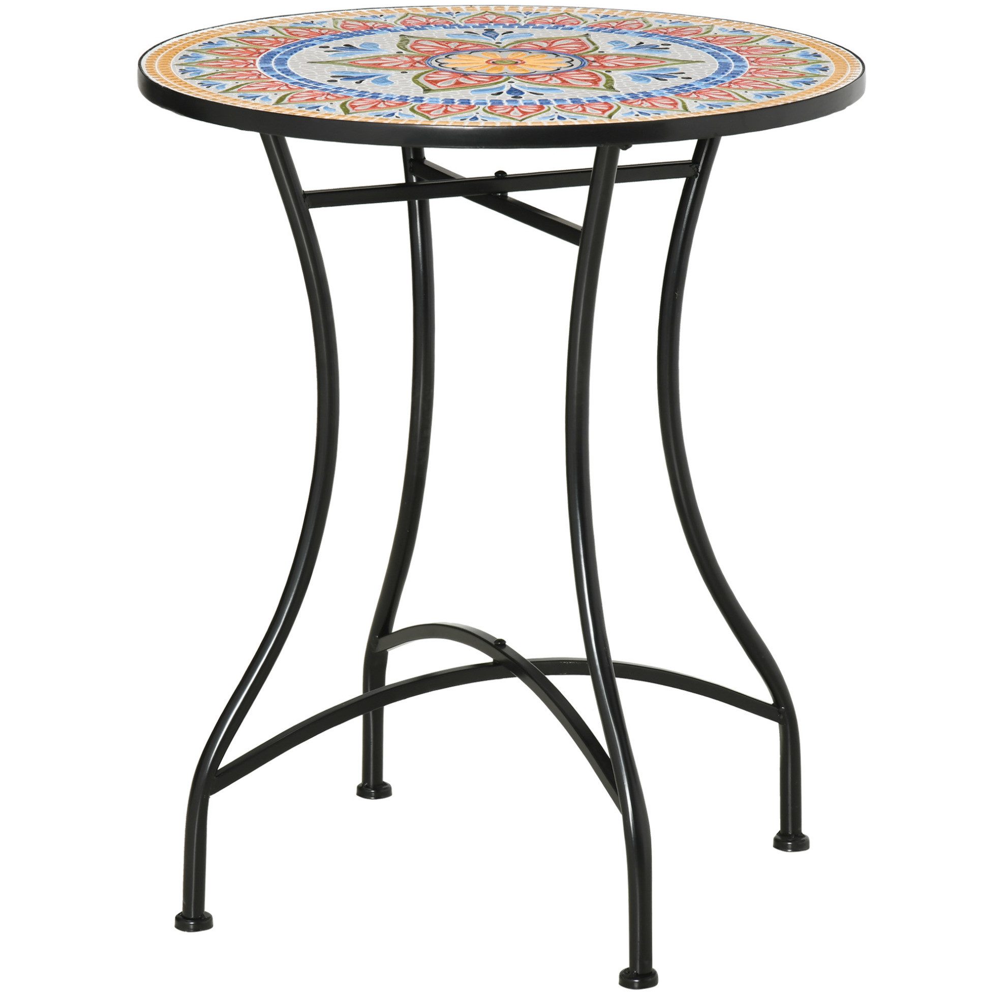 OKWISH Gartentisch Mosaiktisch rund Ø60 cm, Balkontisch Keramik Stahl (Packung, 1-St., Outdoor Tisch Höhe 71 cm für Balkon und Garten, runder Bistrotisch), mit Mosaikplatte aus Keramik, Metallgestell Rot Blau Weiß