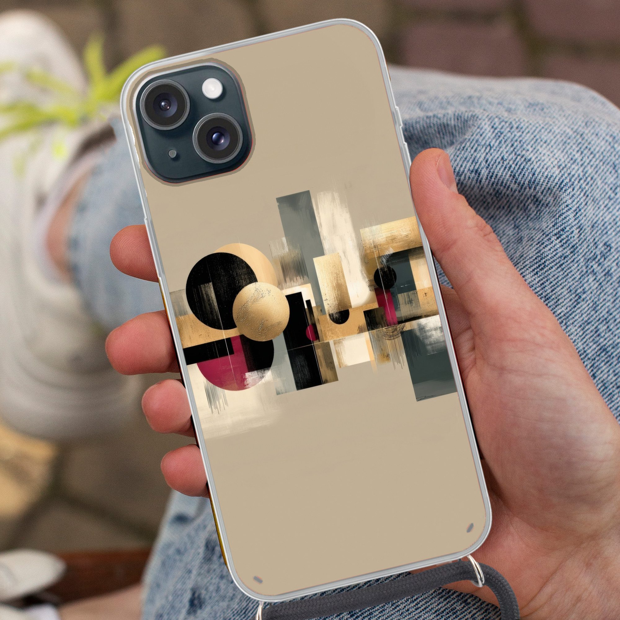 MuchoWow Handyhülle für Apple iPhone 15 Abstrakt - Formen - Beige - Texturen, Tragbare Handyhüllen mit Kette zum umhängen, Handykette Handyband