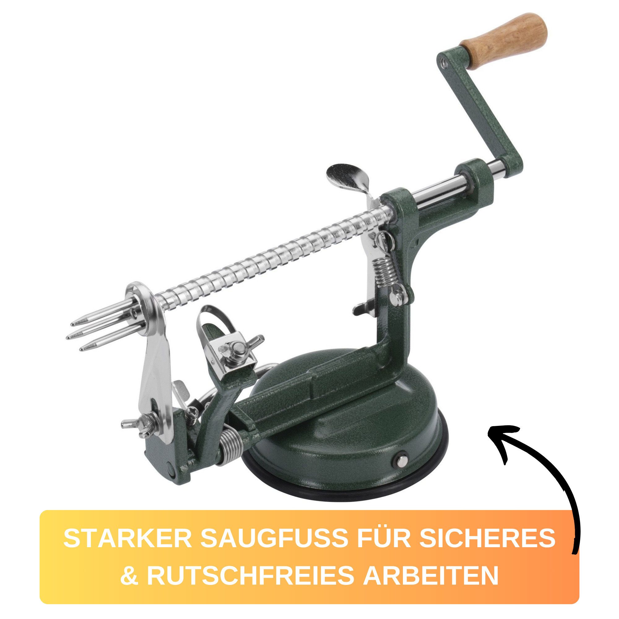 Thiru Apfelschäler Apfeltraum Premium aus rostfreiem Edelstahl mit starkem Saugfuß, sicherer und rutschfreier Stand, handliche Kurbel
