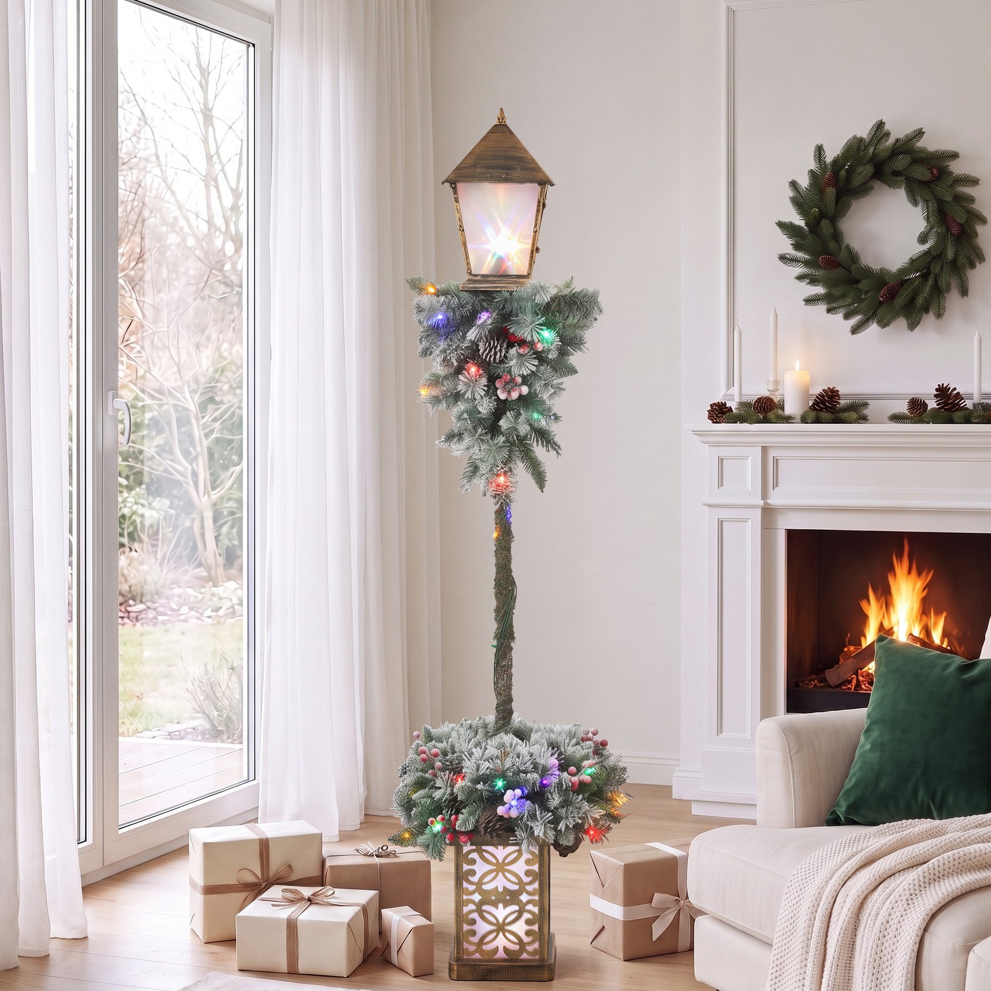 Outsunny LED Laterne Weihnachtslaterne mit 50 LEDs, 150 cm, mit Tannenzapfen und Beeren, Farbwechsel, LED fest integriert, Farbwechsler, 50 LEDs, IP44, schneebeflockt