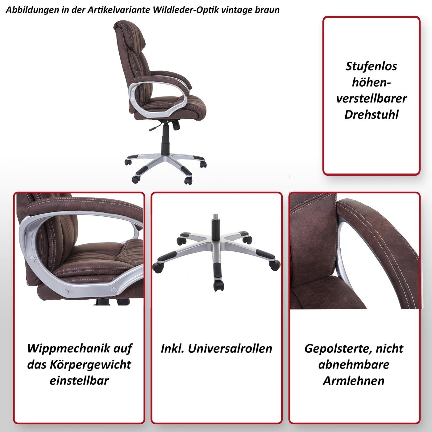 MCW Schreibtischstuhl MCW-A71-T, Höhenverstellbar, Gepolsterte Armlehnen, Wippmechanik einstellbar