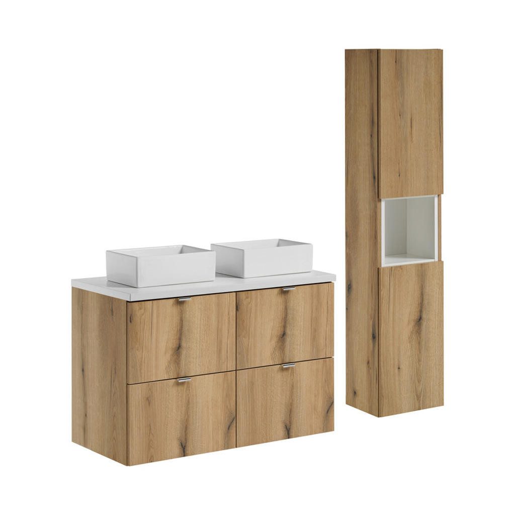 Badezimmer-Set SET-"Nora"100cm Möbelset mit 2 Aufsatzwaschbecken und Hochschrank