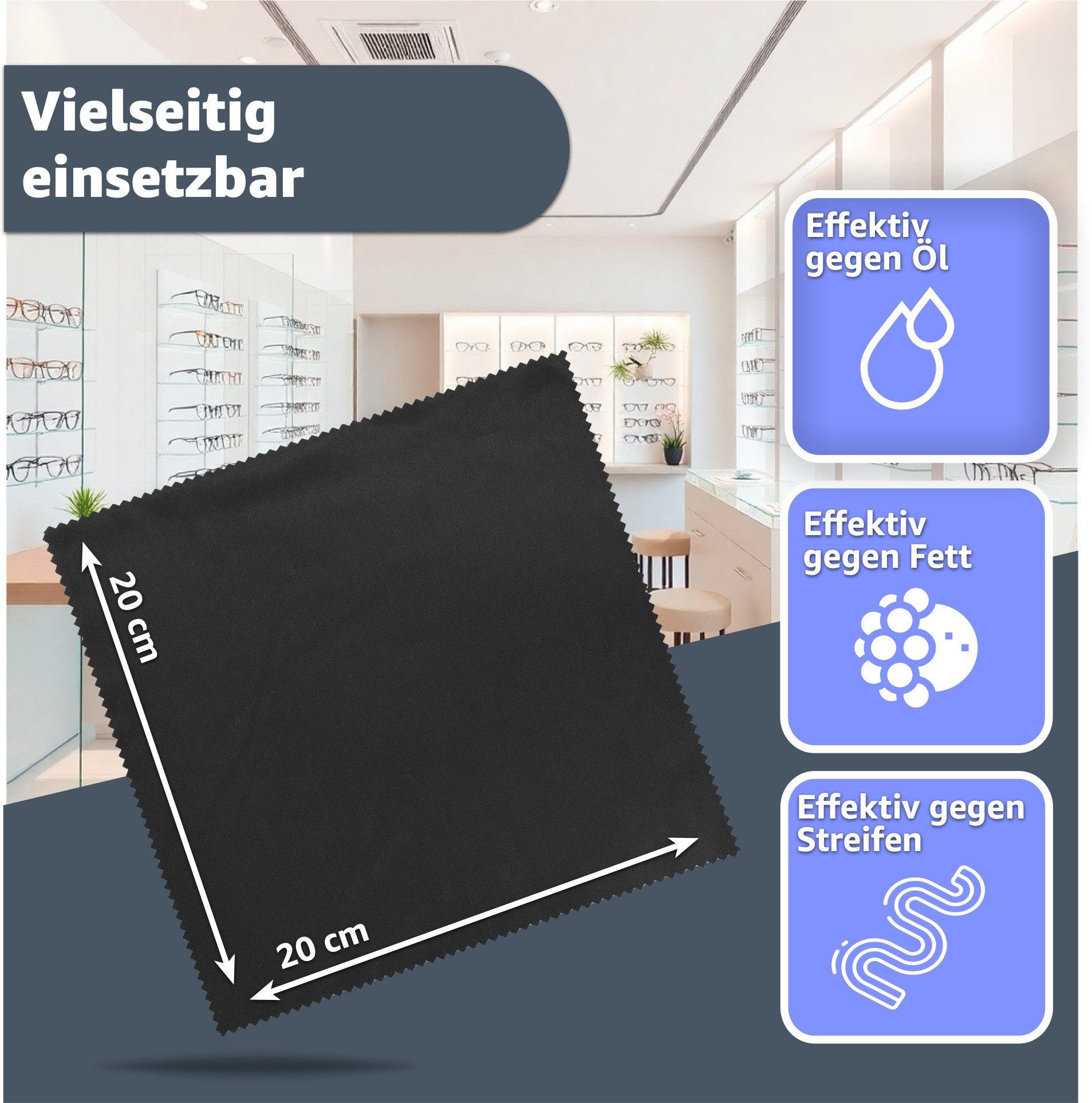 Everhomely® 20 Mikrofaser-Brillenputztücher, schwarz, 20 × 20 cm Reinigungstuch (20er Set, 20-tlg., 20 Stück) – Bild 4 von 5