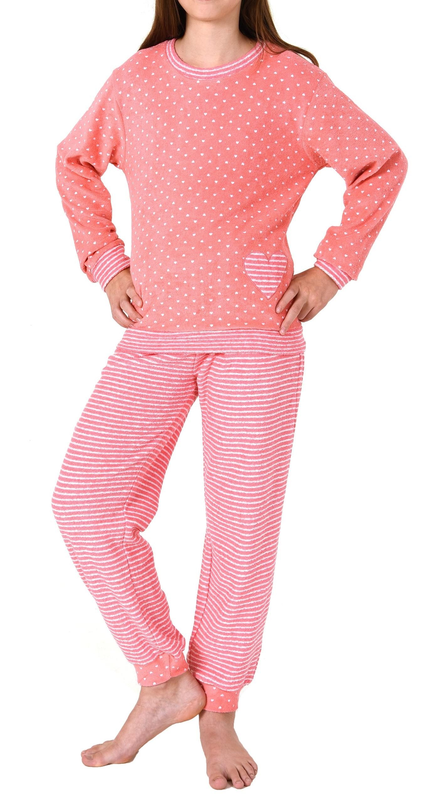 Pyjama Mädchen Frottee Pyjama lang mit Bündchen in Herz- und Streifenoptik