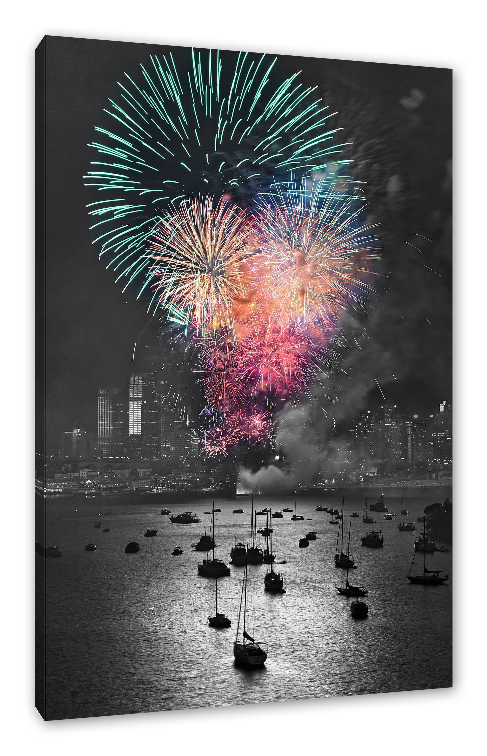 Pixxprint Leinwandbild Feuerwerk über inkl. fertig über Feuerwerk Meer Meer, Leinwandbild St), (1 bespannt, Zackenaufhänger