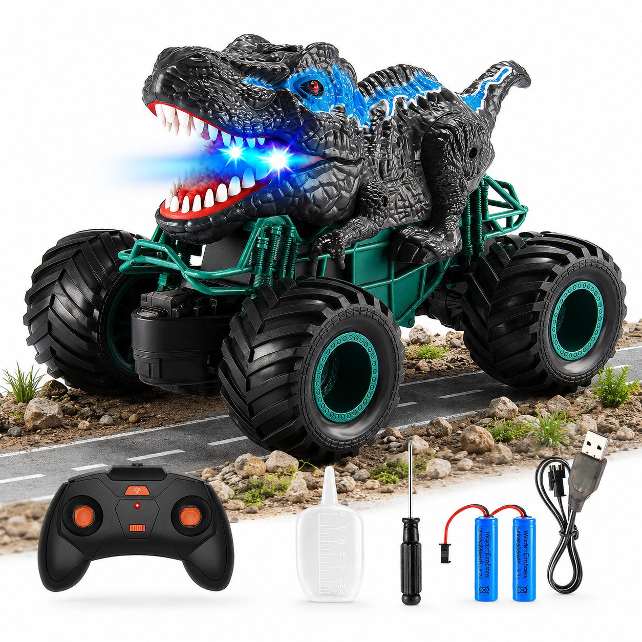 Wootoy RC-Auto RC Dinosaurier Monster Truck Geländewagen ferngesteuert Spielzeugautos (mit großen Gummireifen und stabilem Fahrwerk, 1-tlg., mit realistischen Sound-, Licht- und Wassersprüheffekten), Geländetauglich für Sand Kies Gras Teppich viele weitere Untergründe