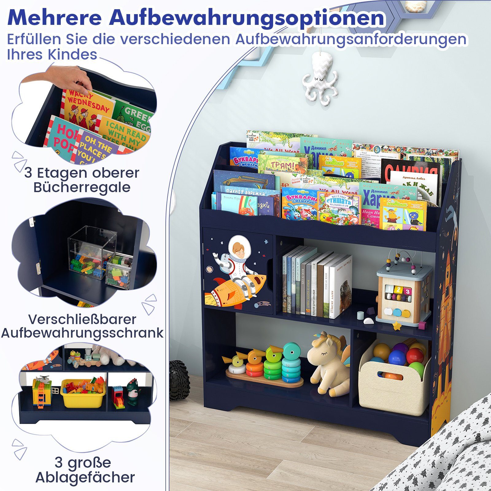 COSTWAY Bücherregal, Kinder, Spielzeugregal mit Fachern & Tür, weiß 93x30x100cm