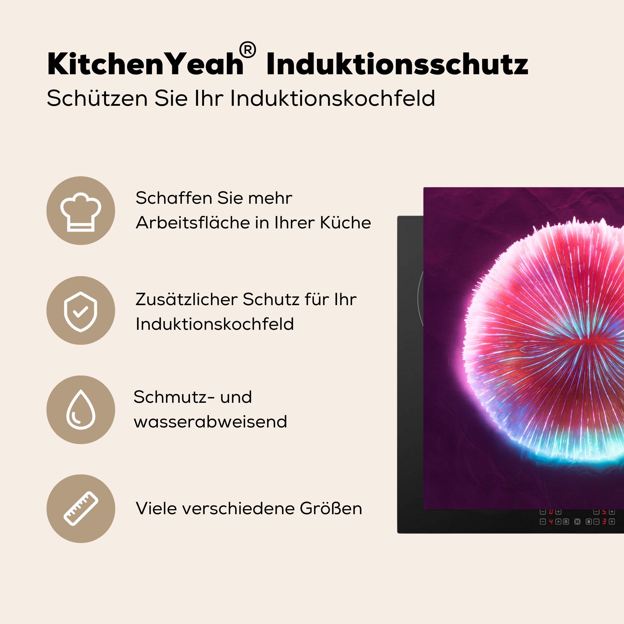 MuchoWow Herdblende-/Abdeckplatte Vinyl, Neonfarbener Kreis tlg), für Arbeitsplatte cm, Koralle, (1 küche Ceranfeldabdeckung, 78x78