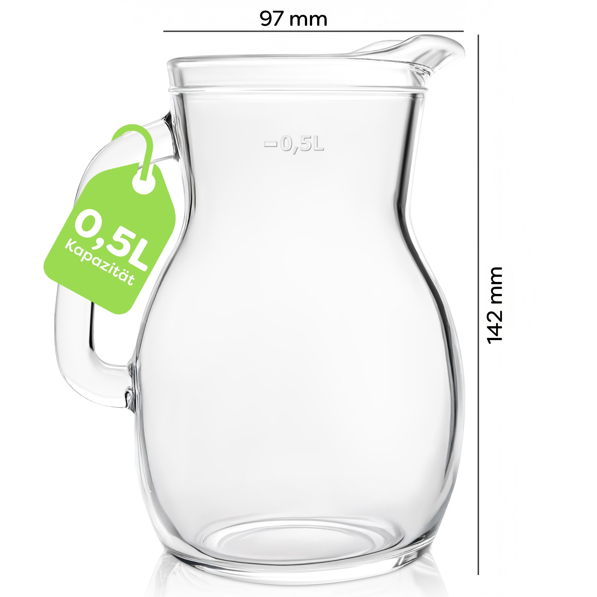 KONZEPT Wasserkrug Glaskrug Transparent Ergonomischer Griff, (1-tlg), Volumen: 1L, 500 ml, 250 ml. Set 1/2/3 Stk.