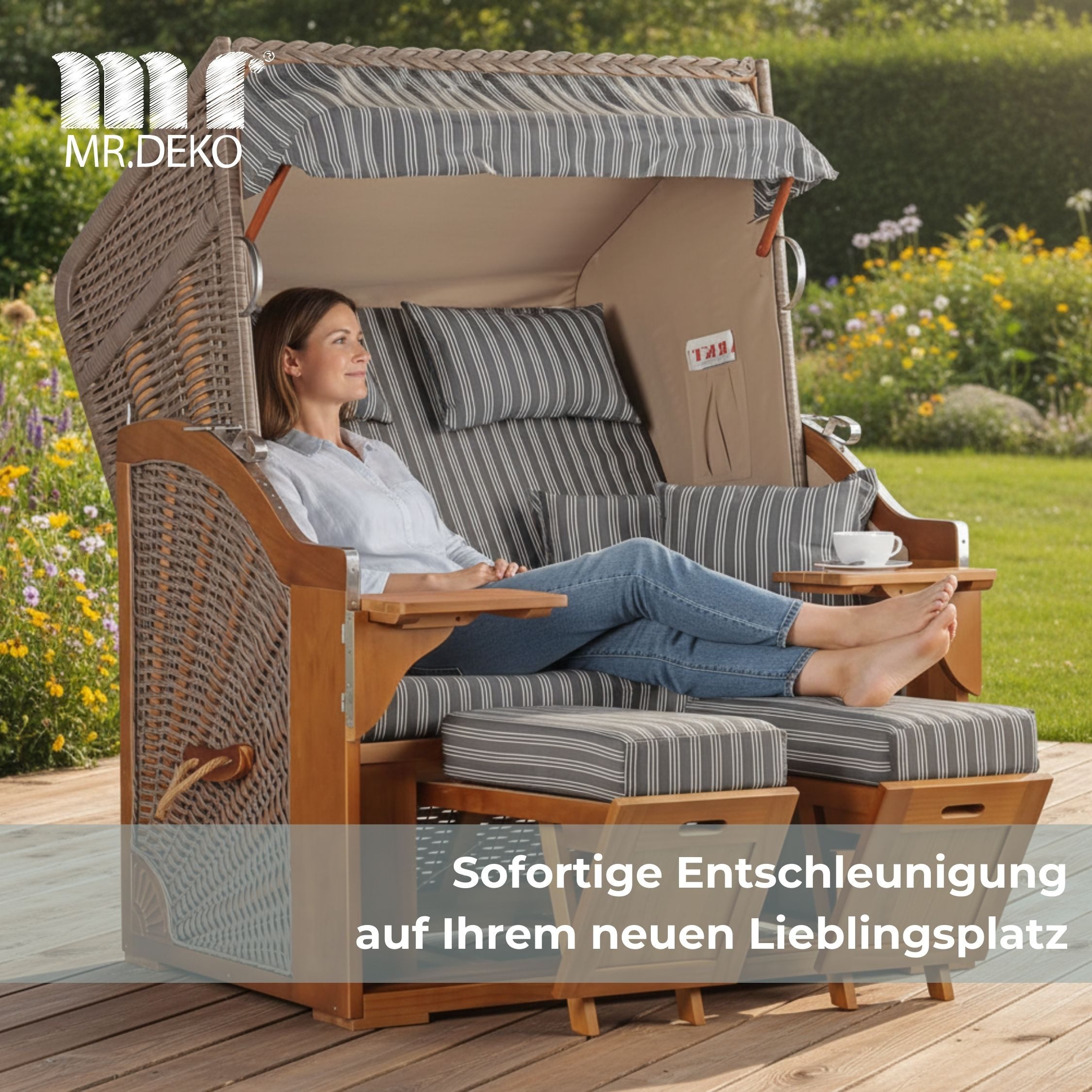 MR.DEKO Strandkorb 2-Sitzer Schleswig Pinie Braun PE Mokka, aufgebaut geliefert, BxTxH: 120x80x160 cm, 2-Sitzer, Schleswig, (Zweisitzer Strandkorb mit Bistrotischen & Fußstützen), Bereits montiert, UV-beständig, Volllieger & Edelstahl-Beschläge