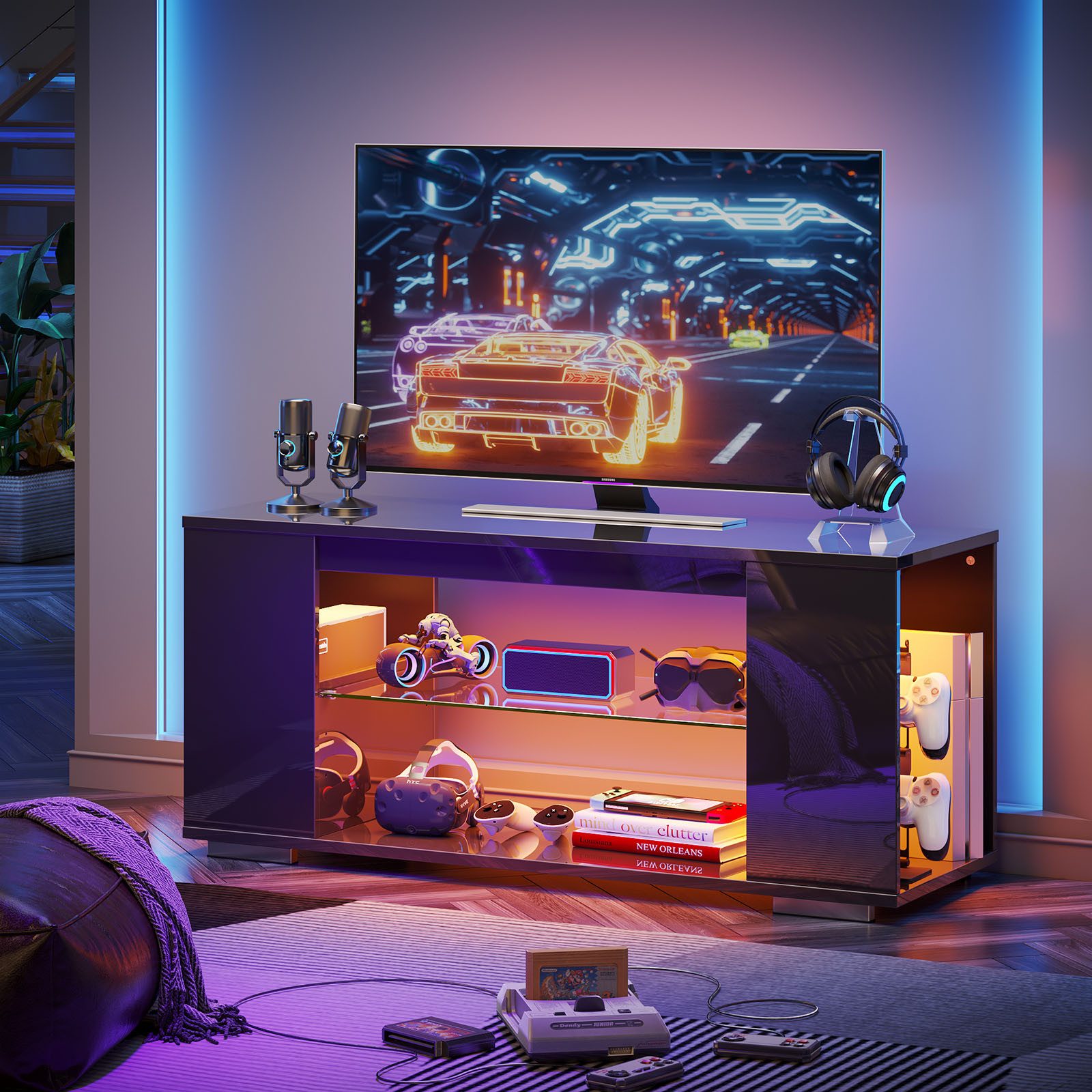 Pinmoco TV-Schrank tv lowboard, TV-Schrank mit 7 Lichtfarben, Stauraum, 120 cm lang