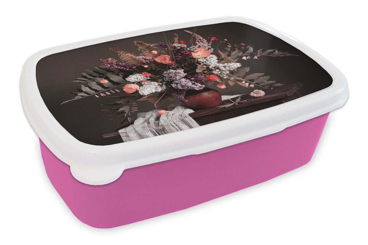 MuchoWow Lunchbox Stilleben - Blumenstrauß - Farben, Kunststoff, (2-tlg), Brotbox für Erwachsene, Brotdose Kinder, Snackbox, Mädchen, Kunststoff rosa